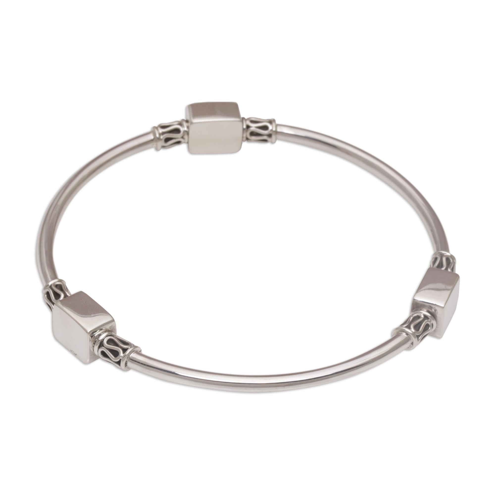 Premium Square Reflection Silver Bangle Bracelet - Handmade in Bali