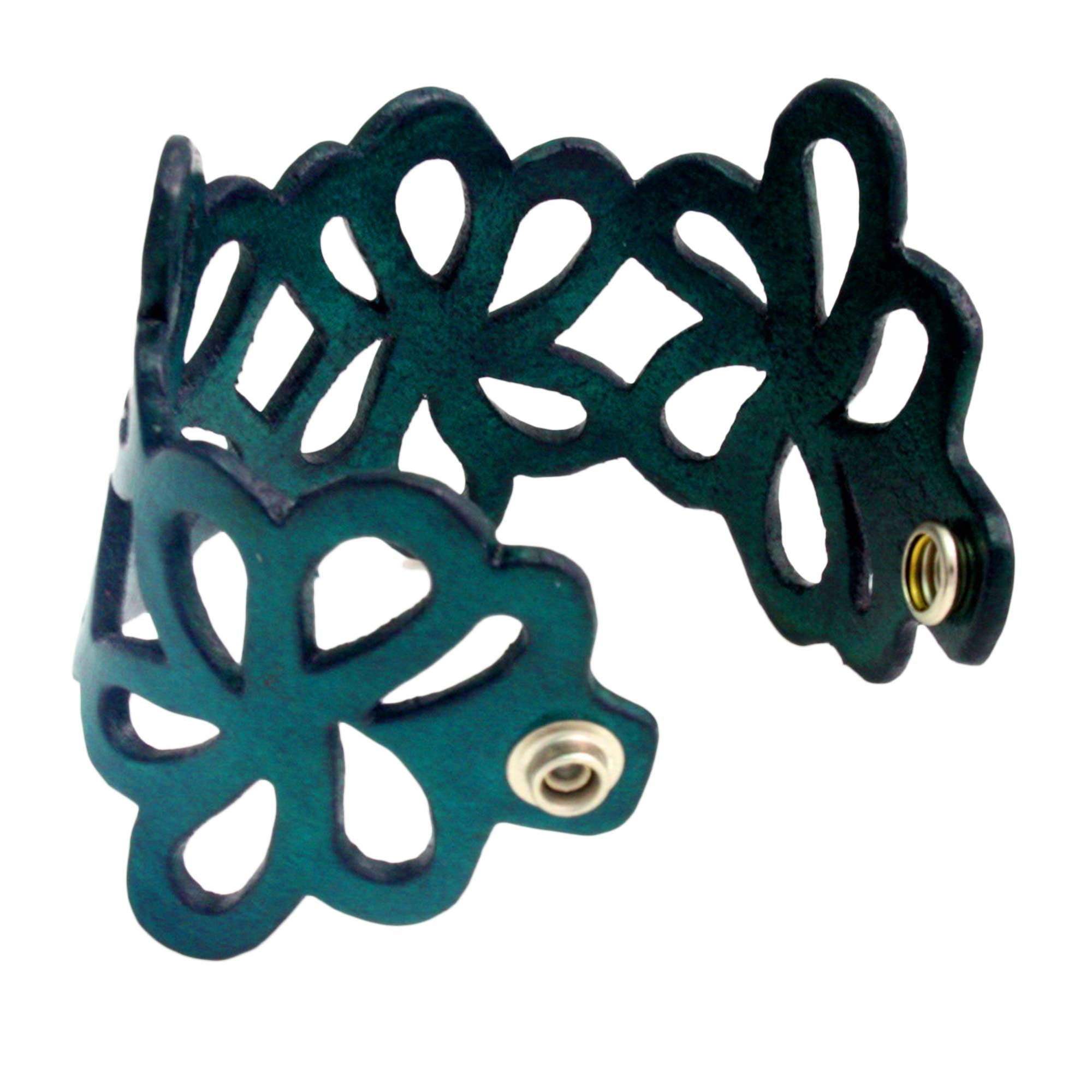 Premium Dark Teal Petals Leather Cuff Bracelet - Handcrafted Tropical Floral Design