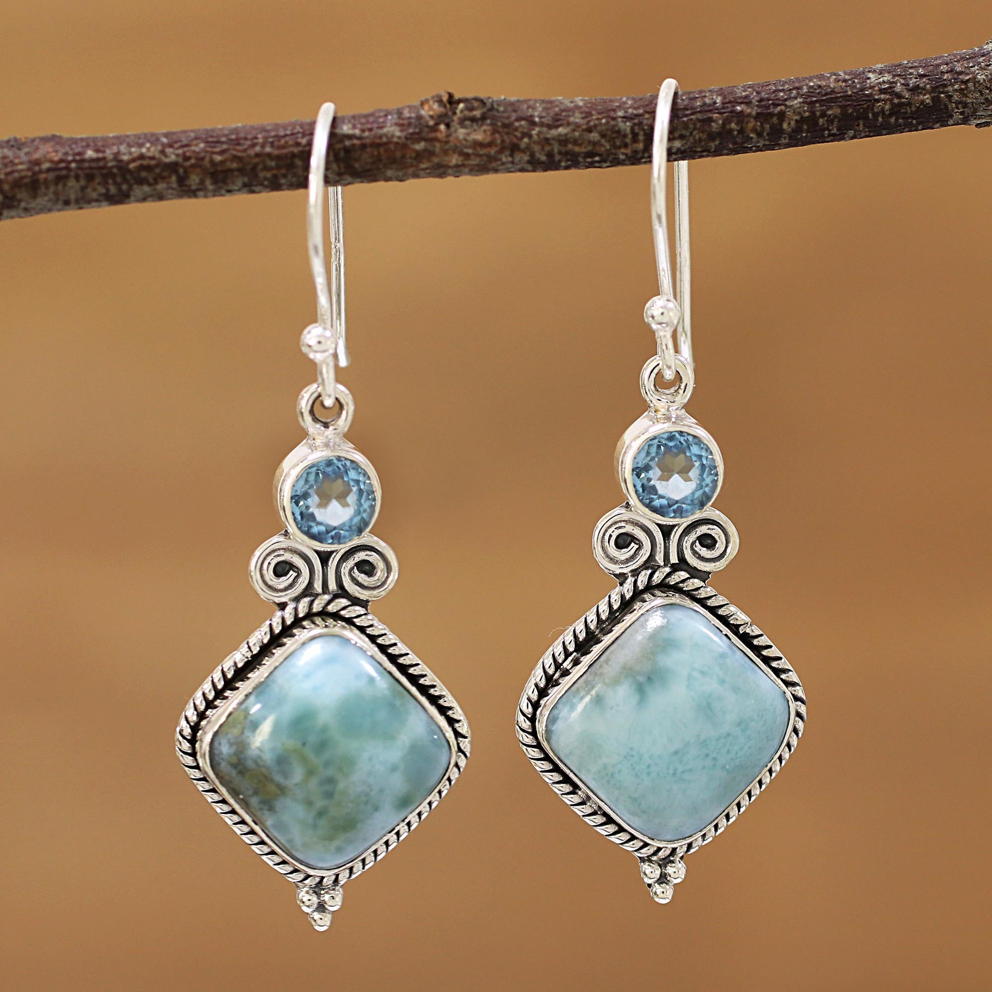 Premium Pastel Seas Blue Topaz & Larimar Sterling Silver Dangle Earrings