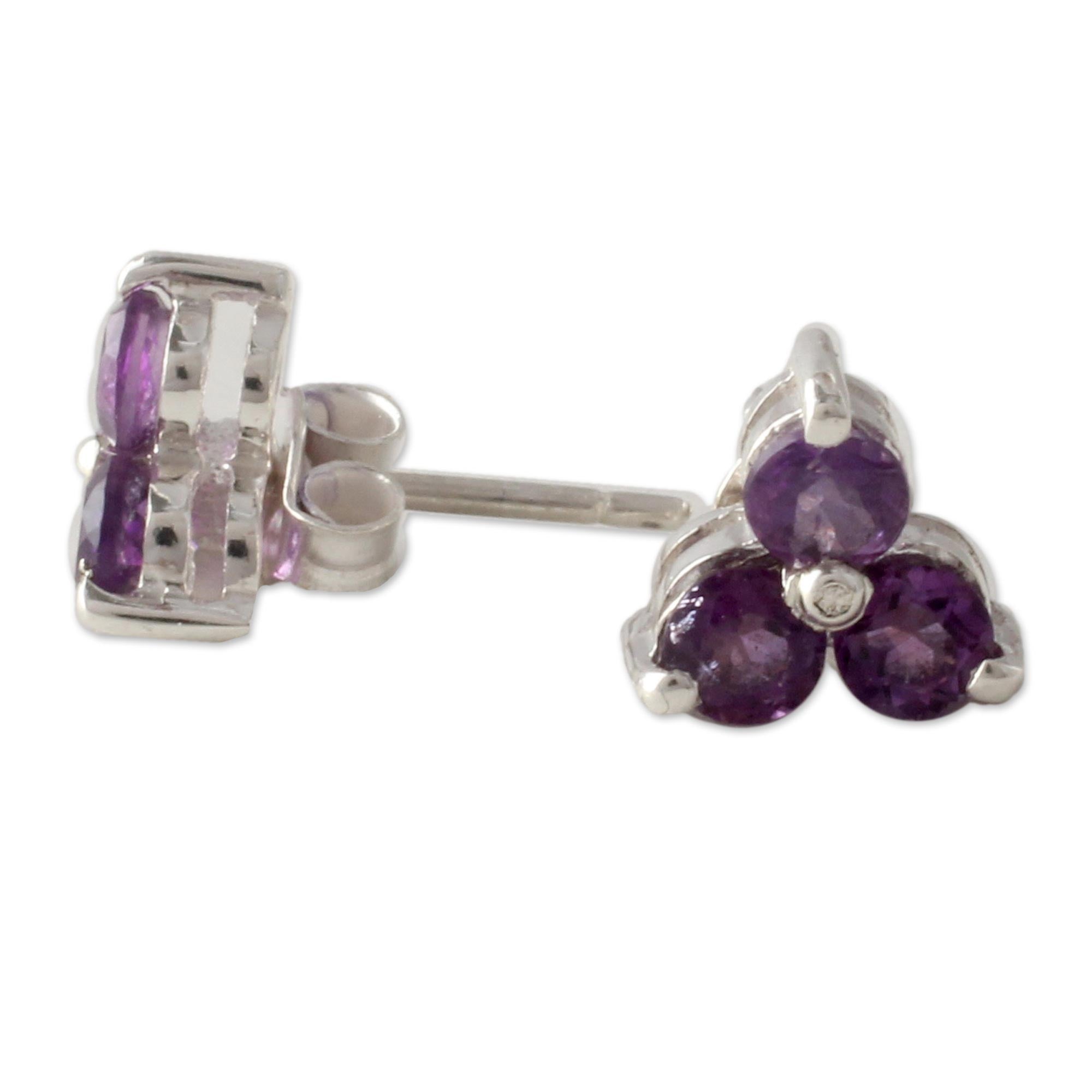 Premium Amethyst Trio Silver Button Earrings - Handcrafted Elegance