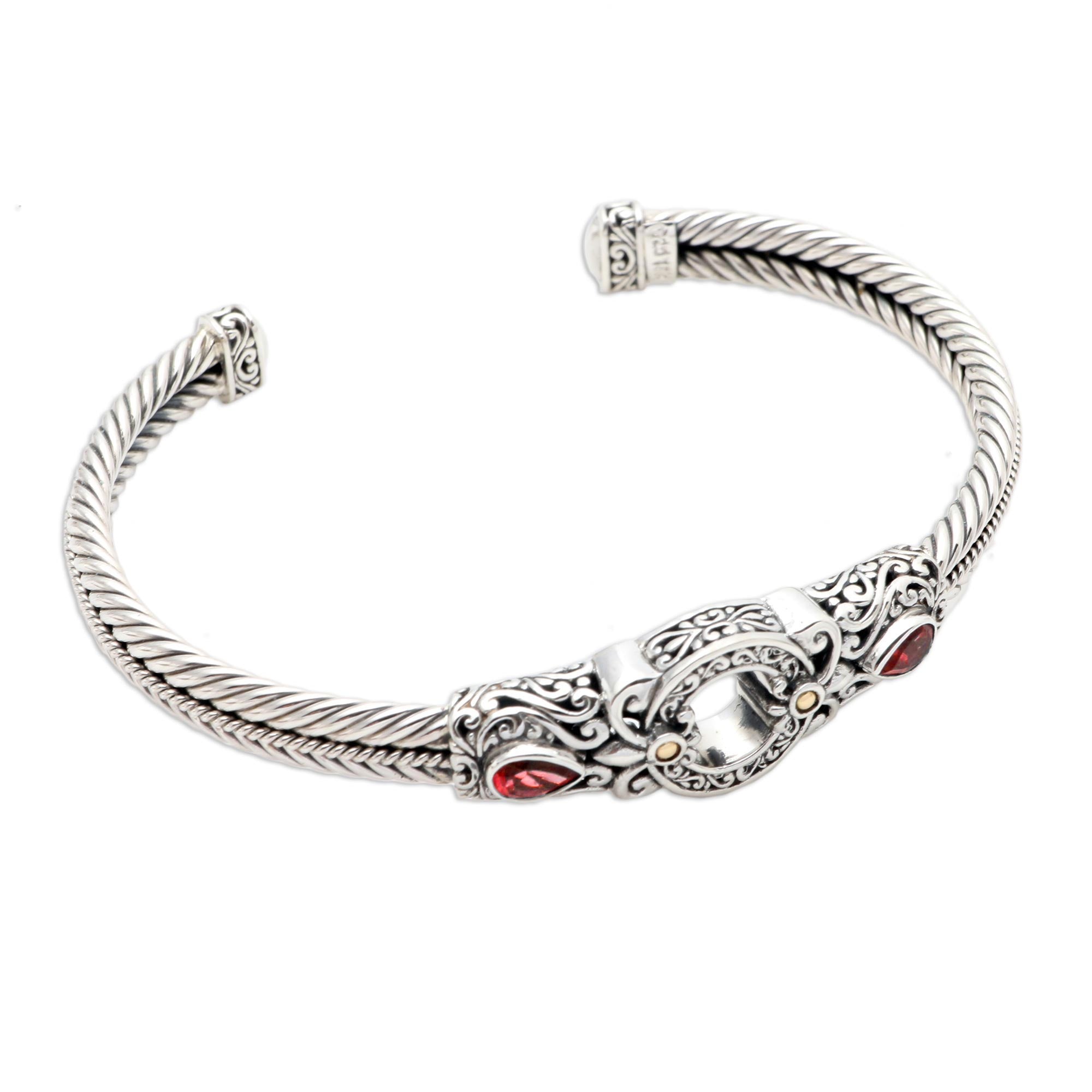 Premium Hidden Gate Cuff Bracelet in Red Garnet and Sterling Silver - Handcrafted in Bali