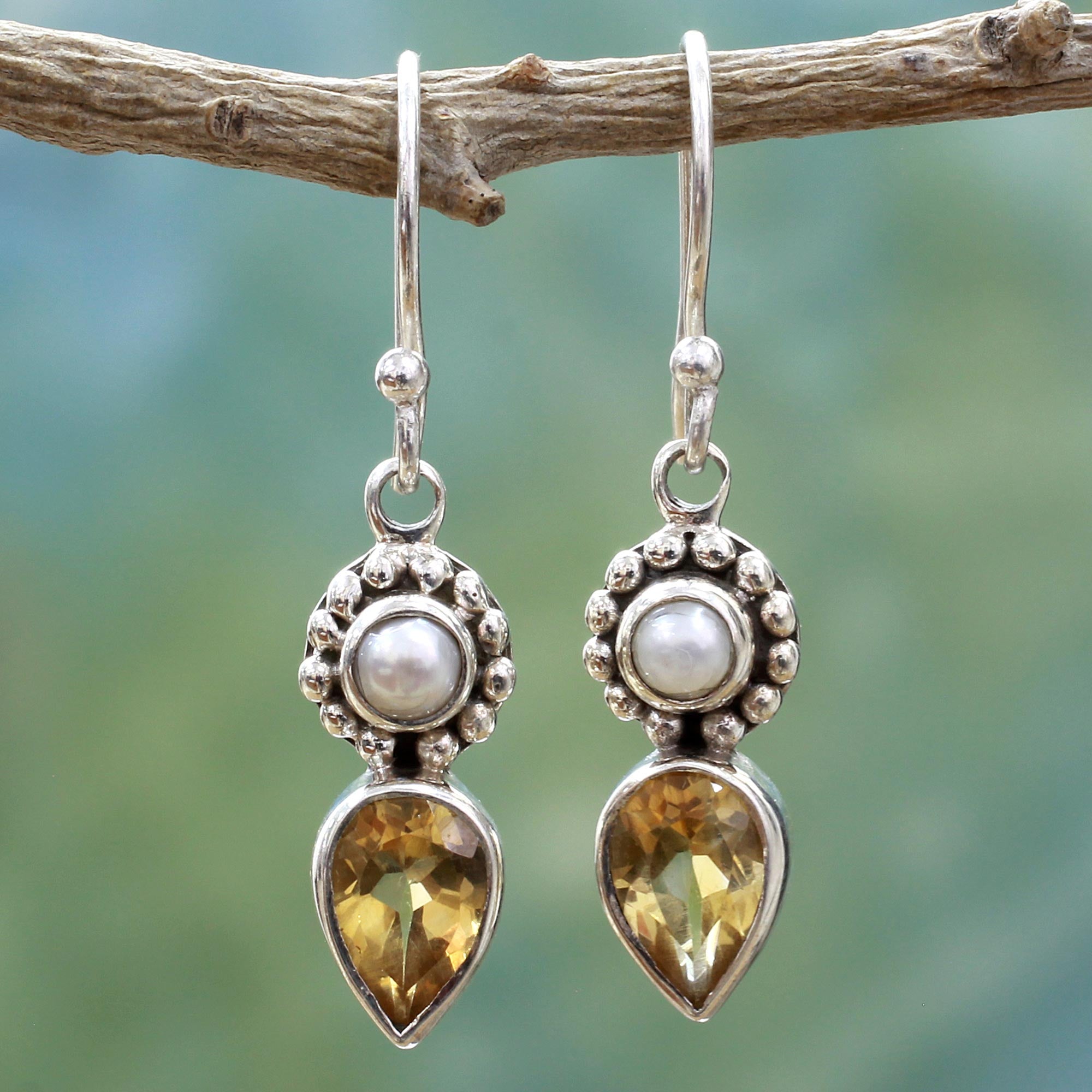 Premium Mughal-Inspired Sterling Silver Earrings with Citrine & Cultured Pearl