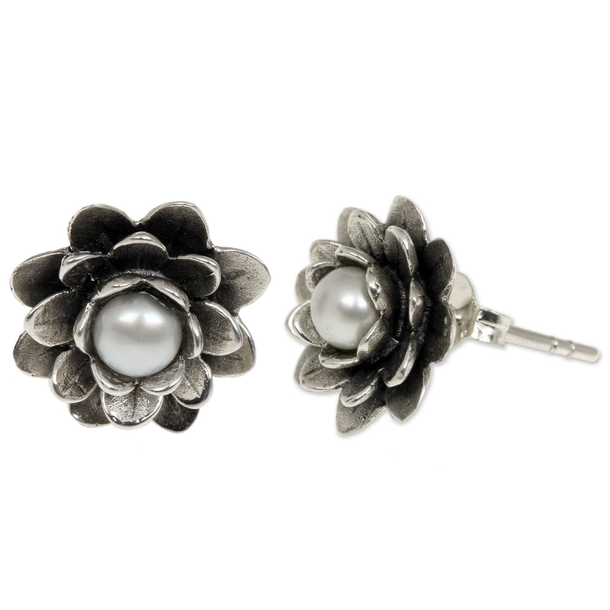 Premium Sterling Silver Lotus & Pearl Stud Earrings - Handcrafted Elegance