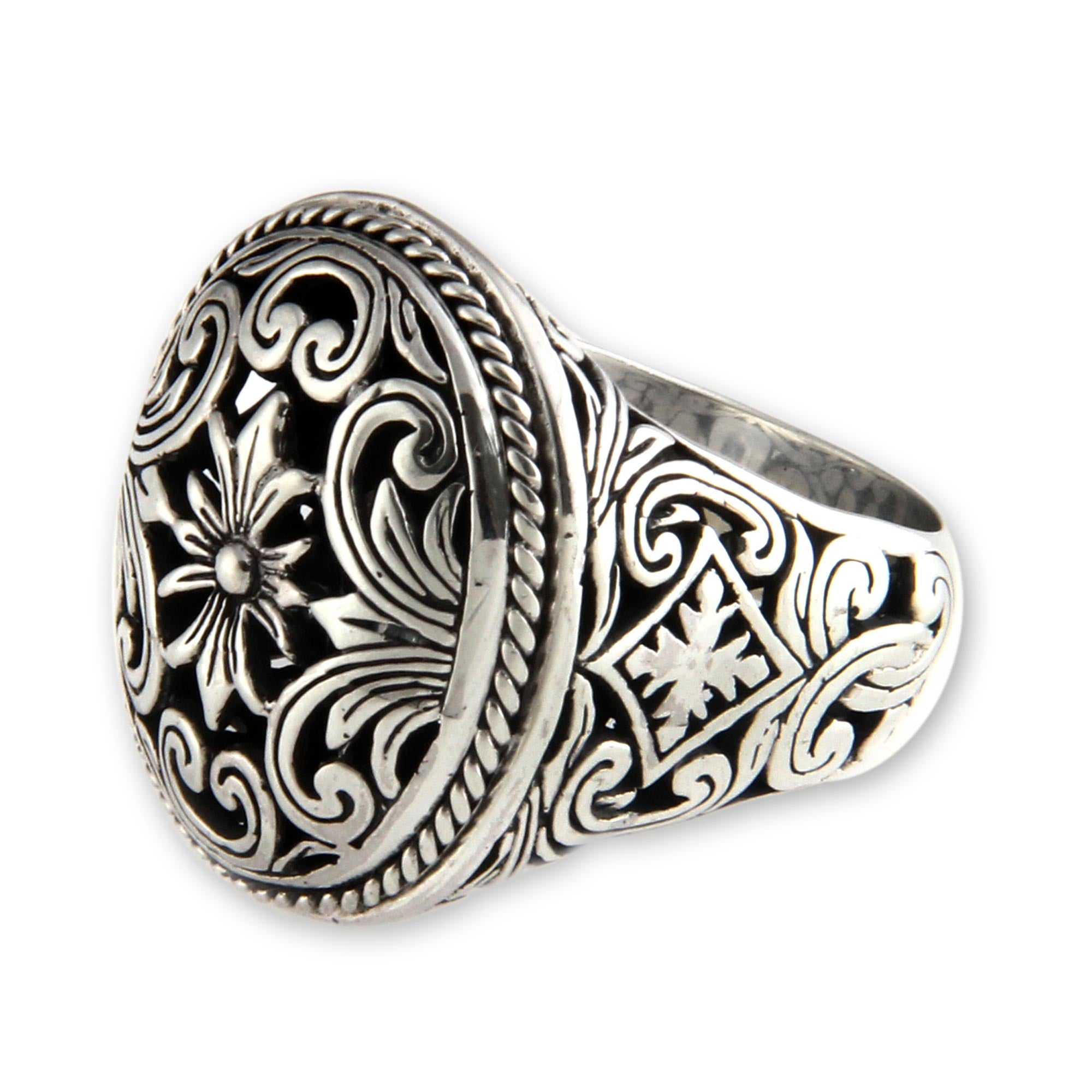 Premium Forest Blossom Silver Floral Signet Ring