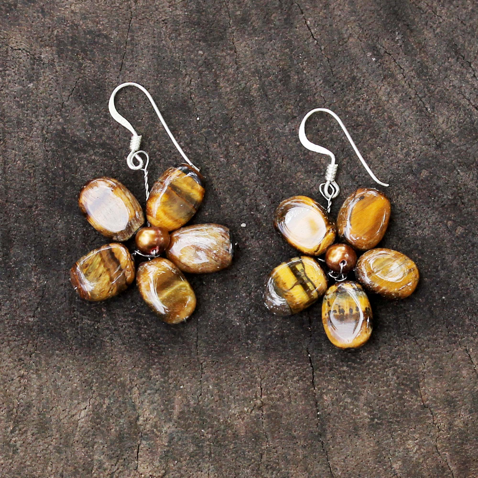 Premium Paradise Pearl & Tiger's Eye Elegant Flower Earrings