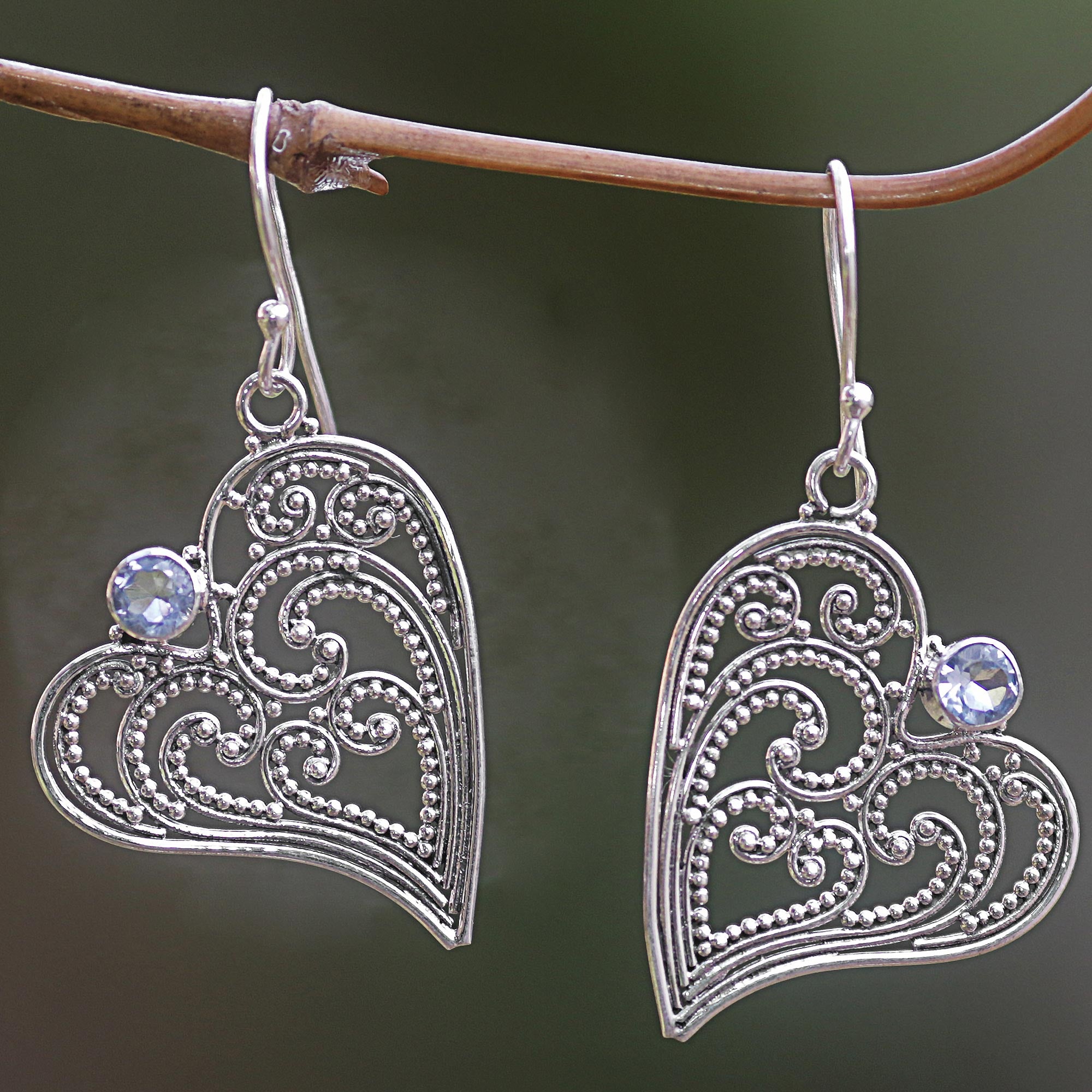 Premium Blue Topaz Heart Dangle Earrings in Sterling Silver