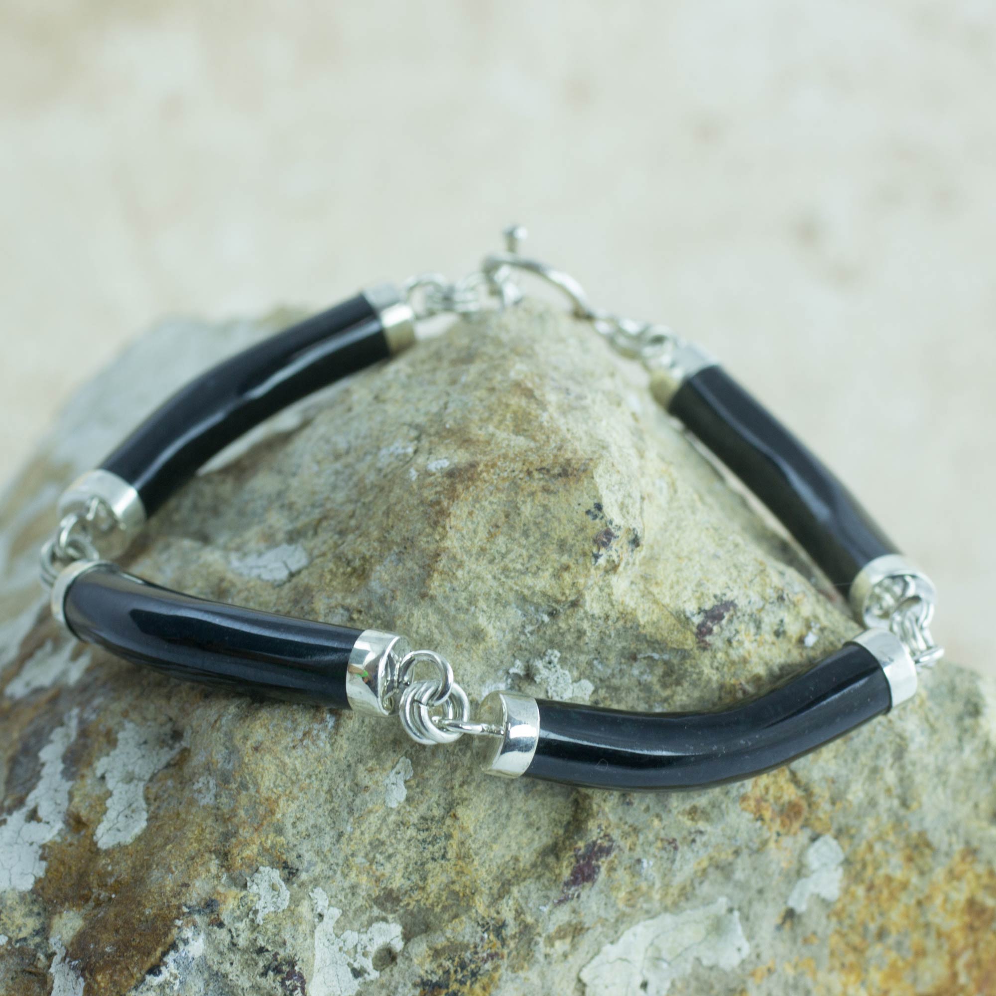 Premium Black Jade and Sterling Silver Artisan Bracelet - Natural Elegance