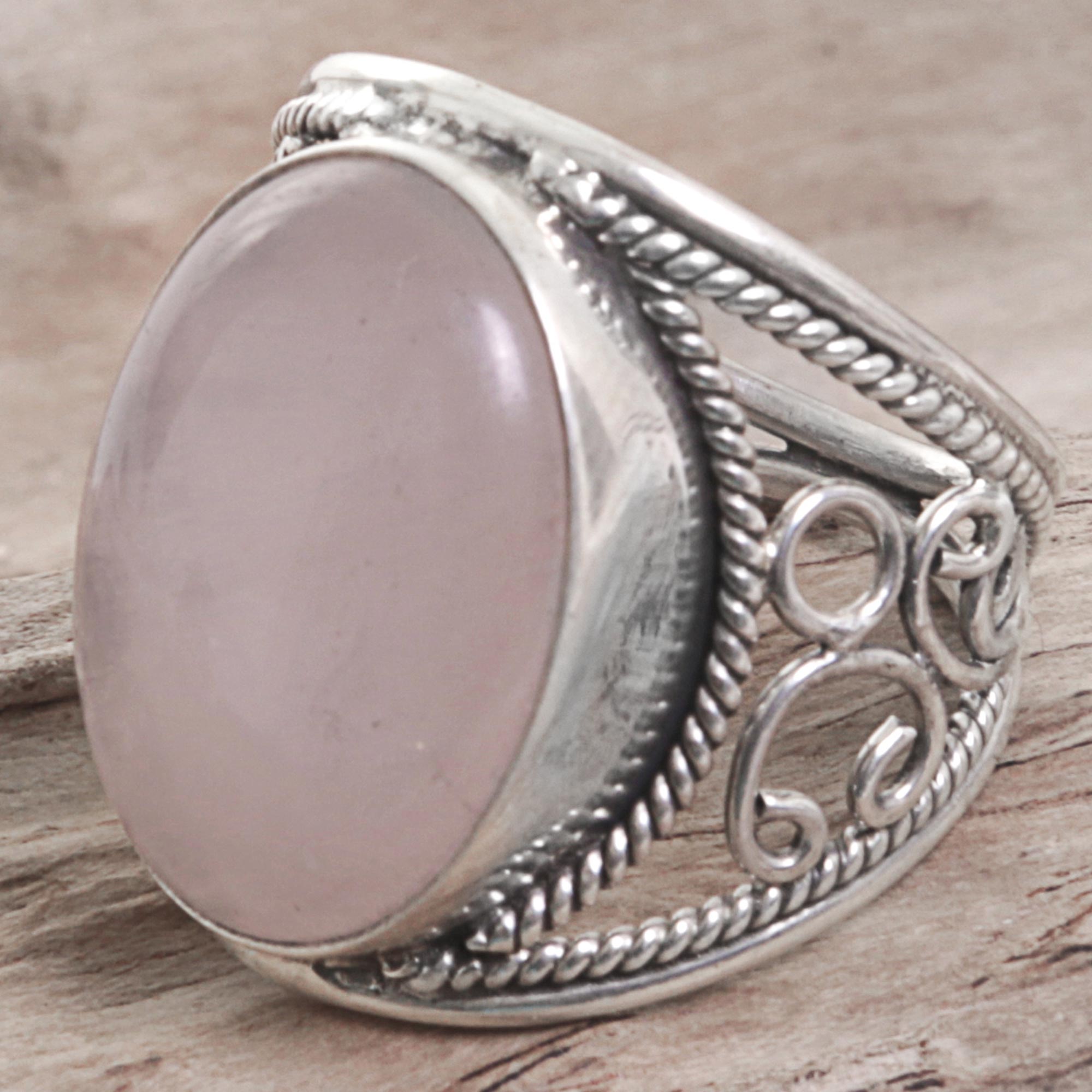 Premium Pink Moon Rose Quartz Sterling Silver Ring – Handcrafted in Indonesia