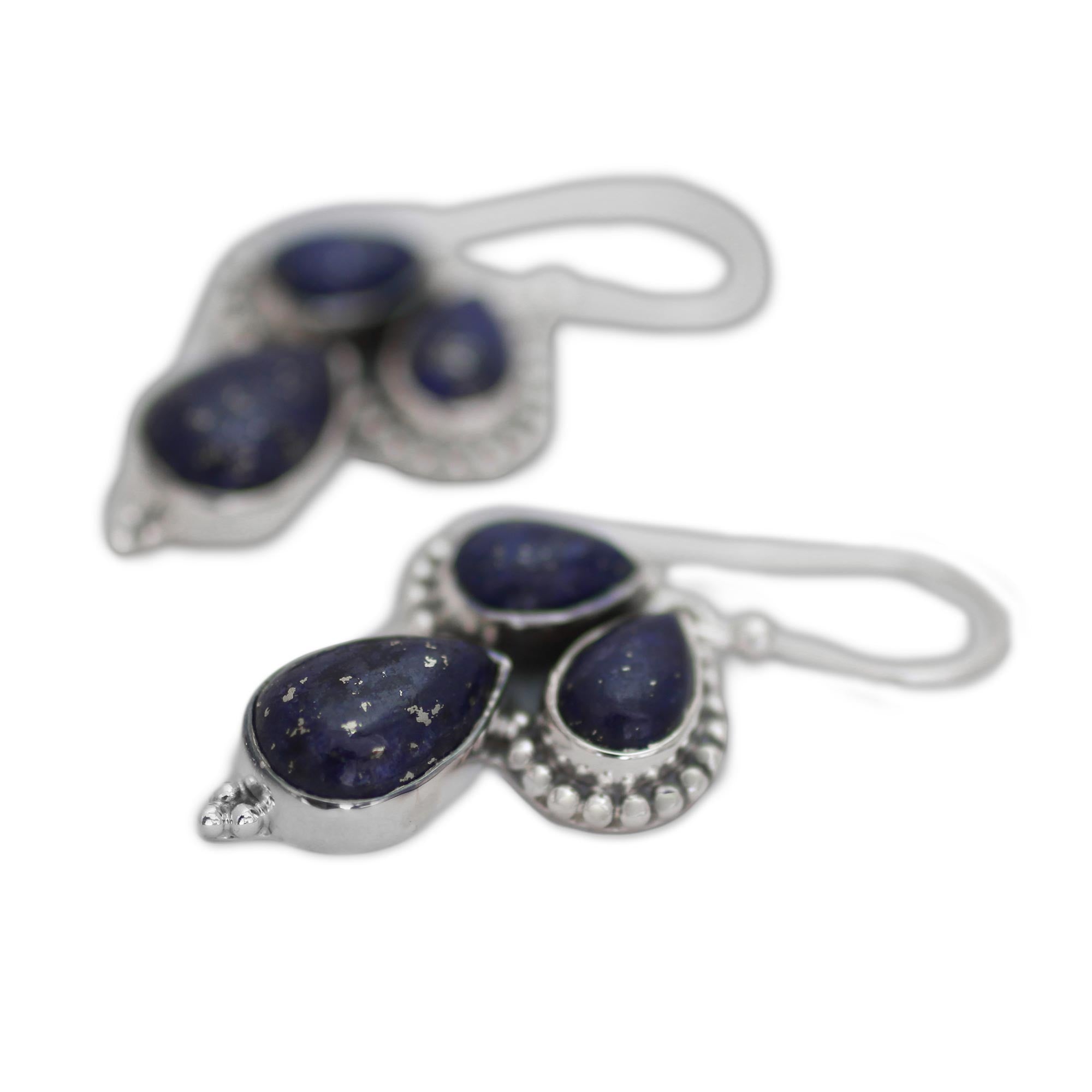 Premium Lapis Lazuli Sterling Silver Dangle Earrings – Handcrafted Trio Design