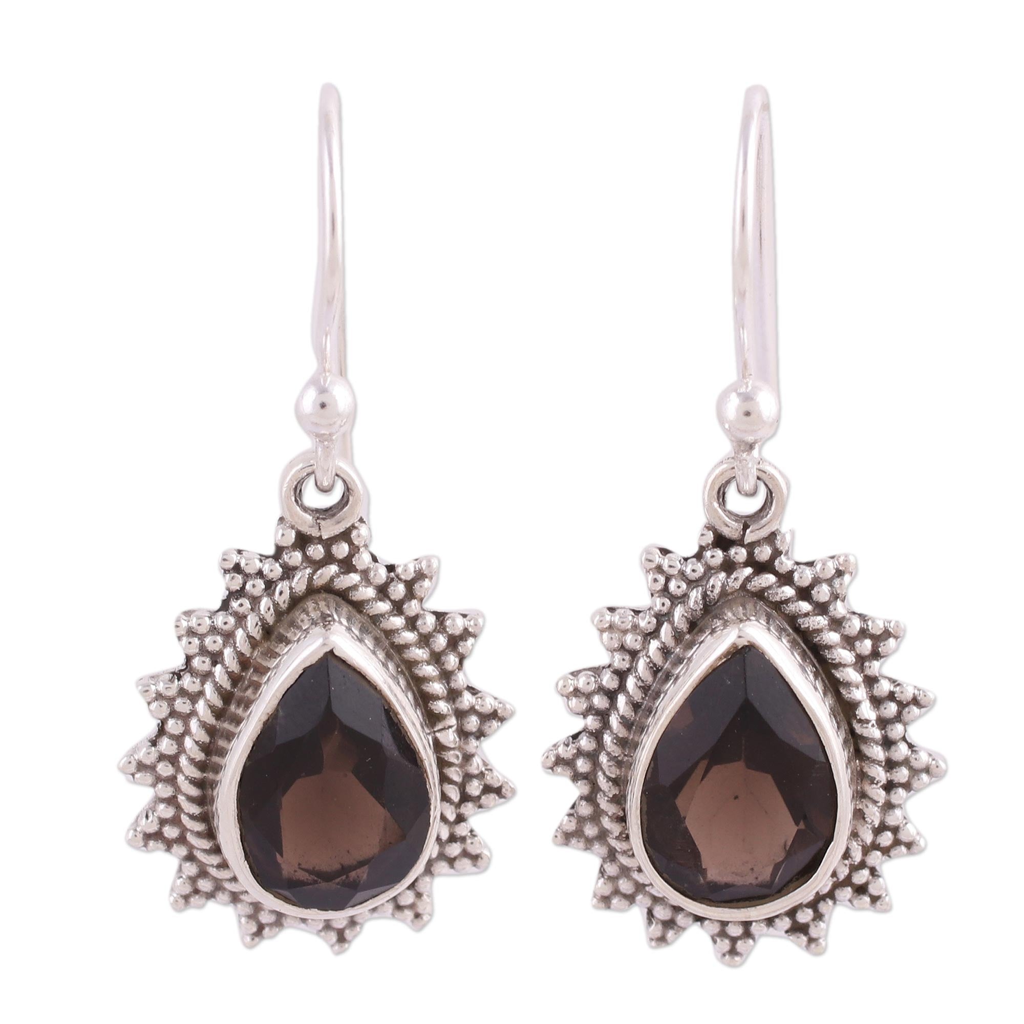 Premium Smoky Quartz Drop Earrings – Handcrafted Sterling Silver Jewelry from India