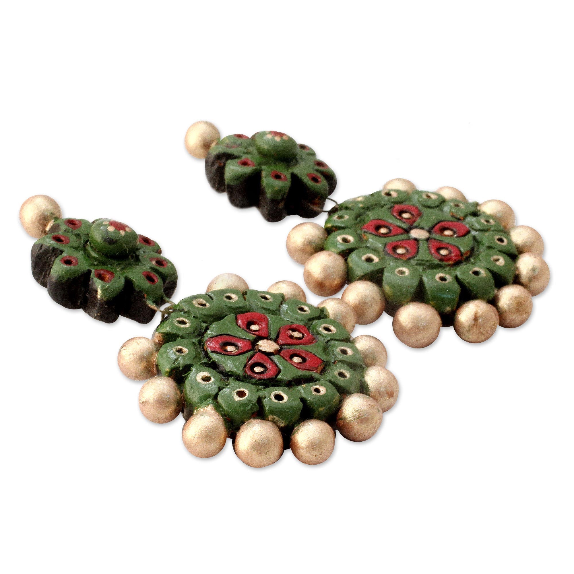 Premium Woodland Wonder Ceramic Dangle Earrings – Handcrafted Green & Gold Jewelry from India