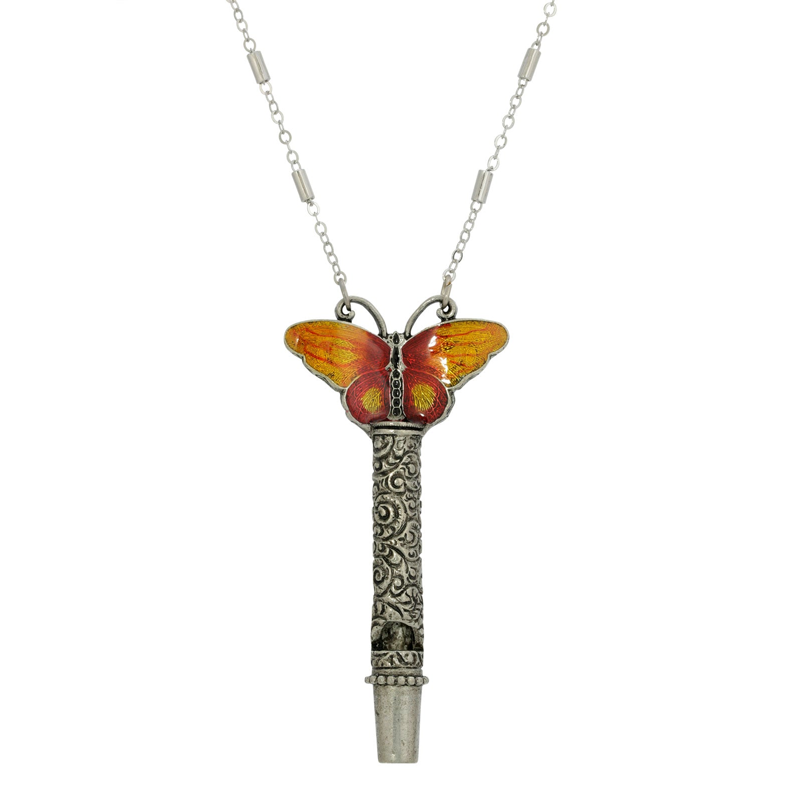 Premium 1928 Jewelry® Enamel Butterfly Pewter Whistle Necklace - Orange & Yellow