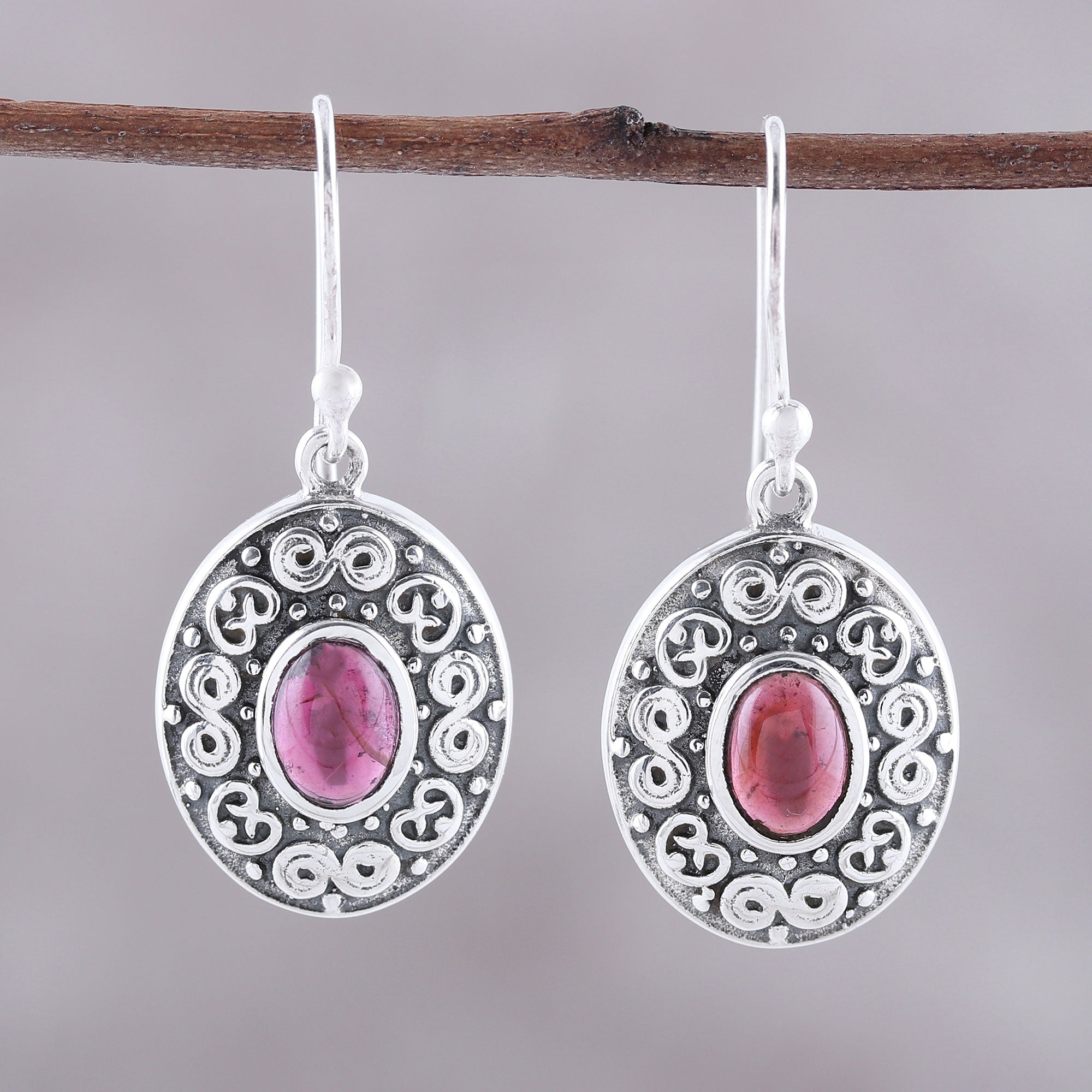 Premium Swirling Ellipse Garnet Dangle Earrings - Handcrafted in India