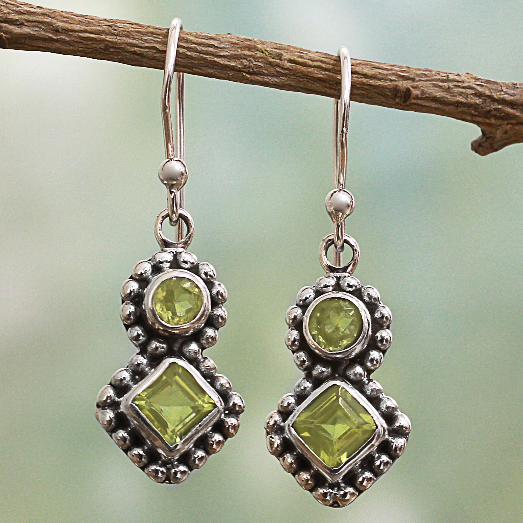 Premium Twin Aura Peridot & Silver Dangle Earrings - Handmade Elegance