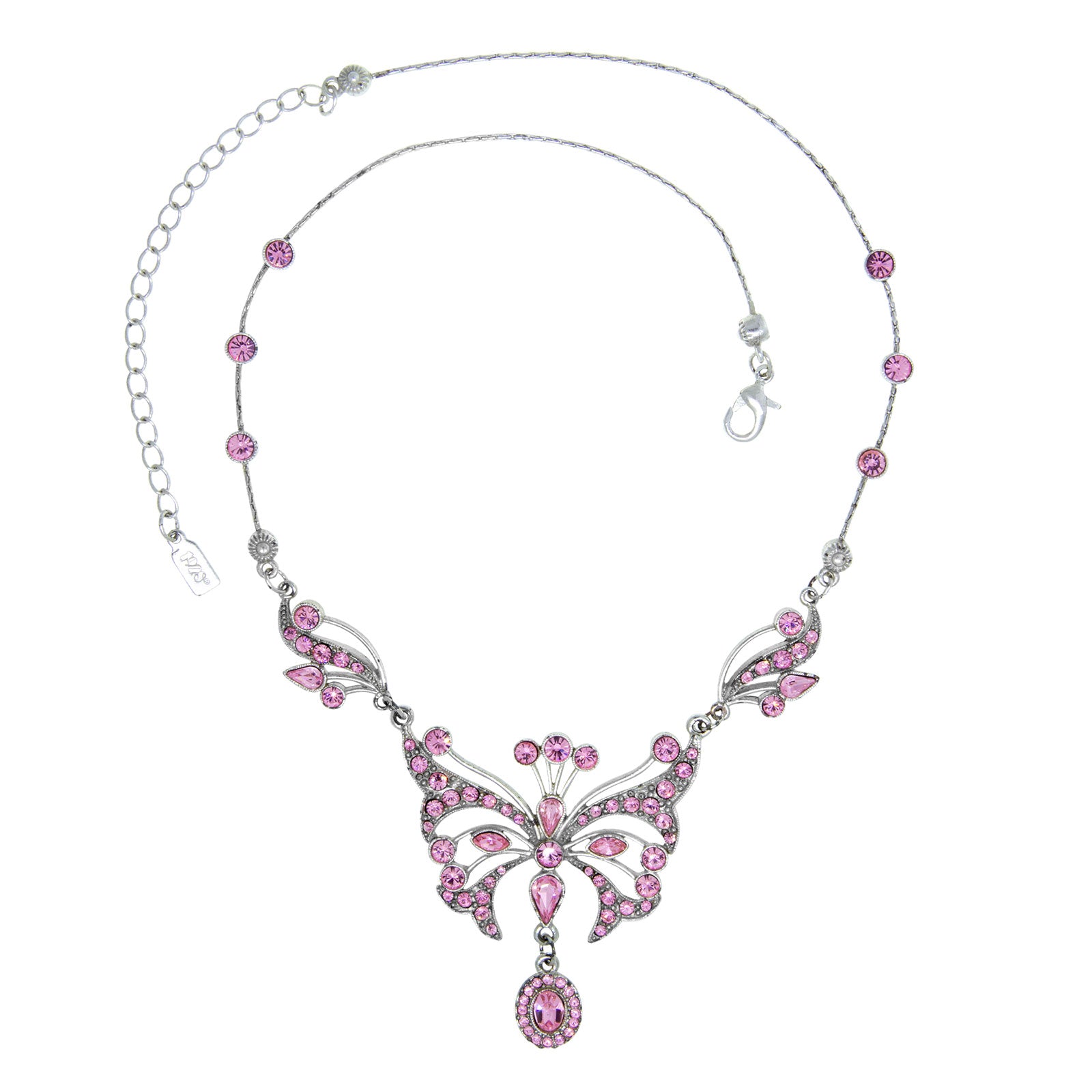 Premium 1928 Jewelry® Silver Butterfly Necklace with Pink Swarovski Crystals - Adjustable 15