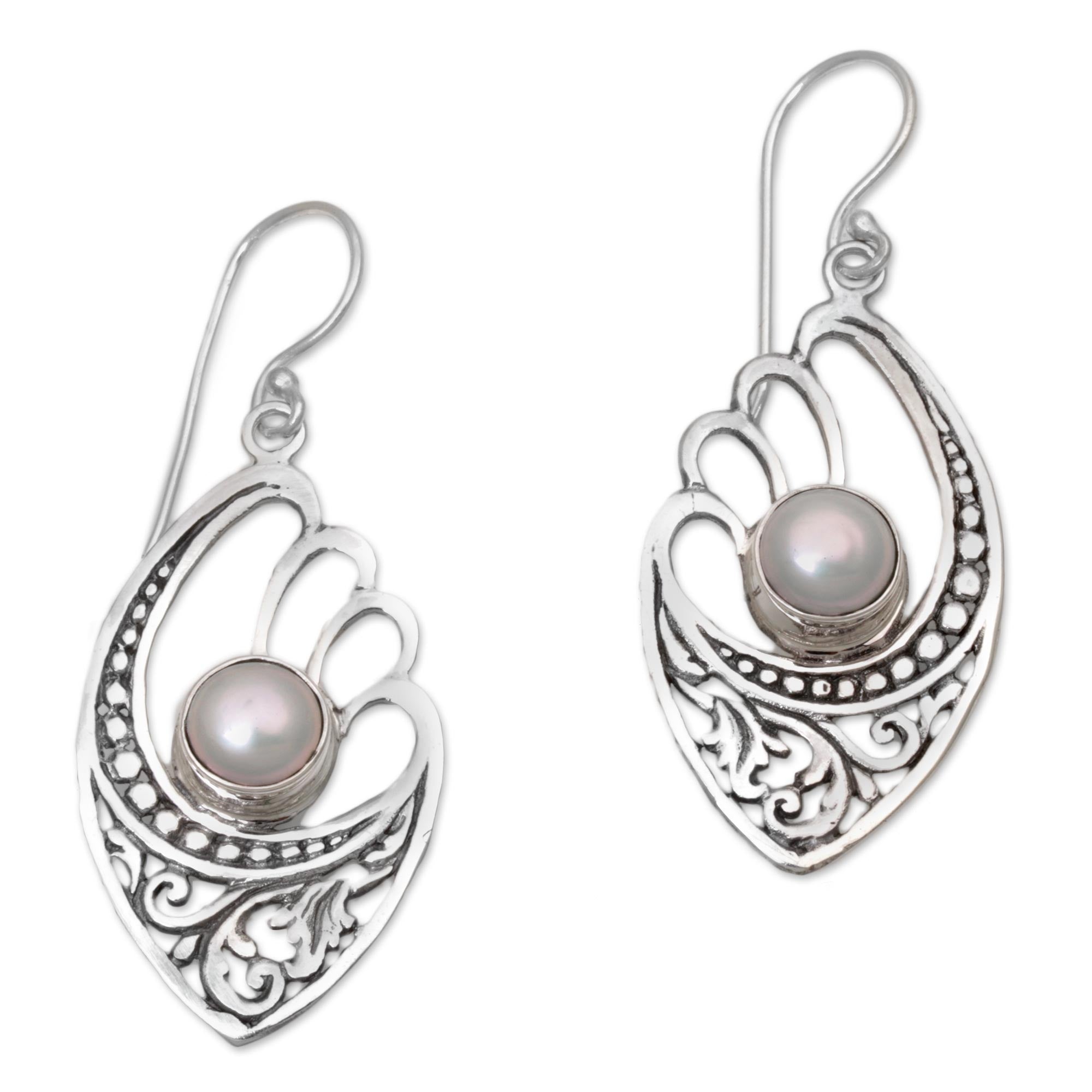 Premium White Cultured Pearl Sterling Silver Balinese Earrings by Wirabhuwana