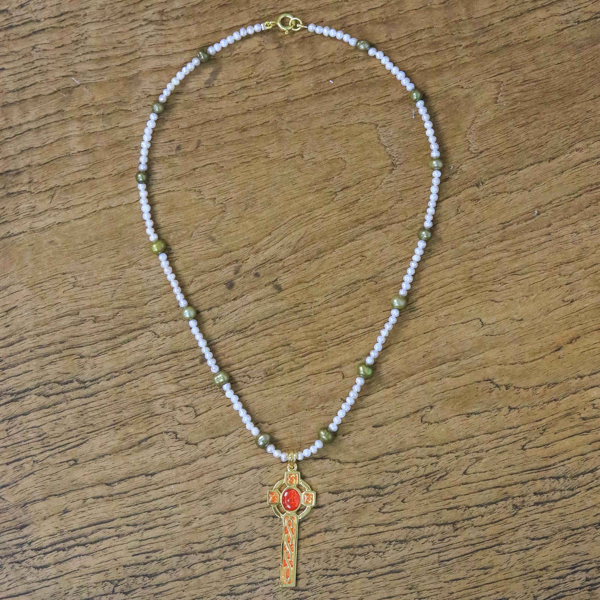 Premium Faithful Soul Red Gold Plated Cross Necklace with Cultured Pearls