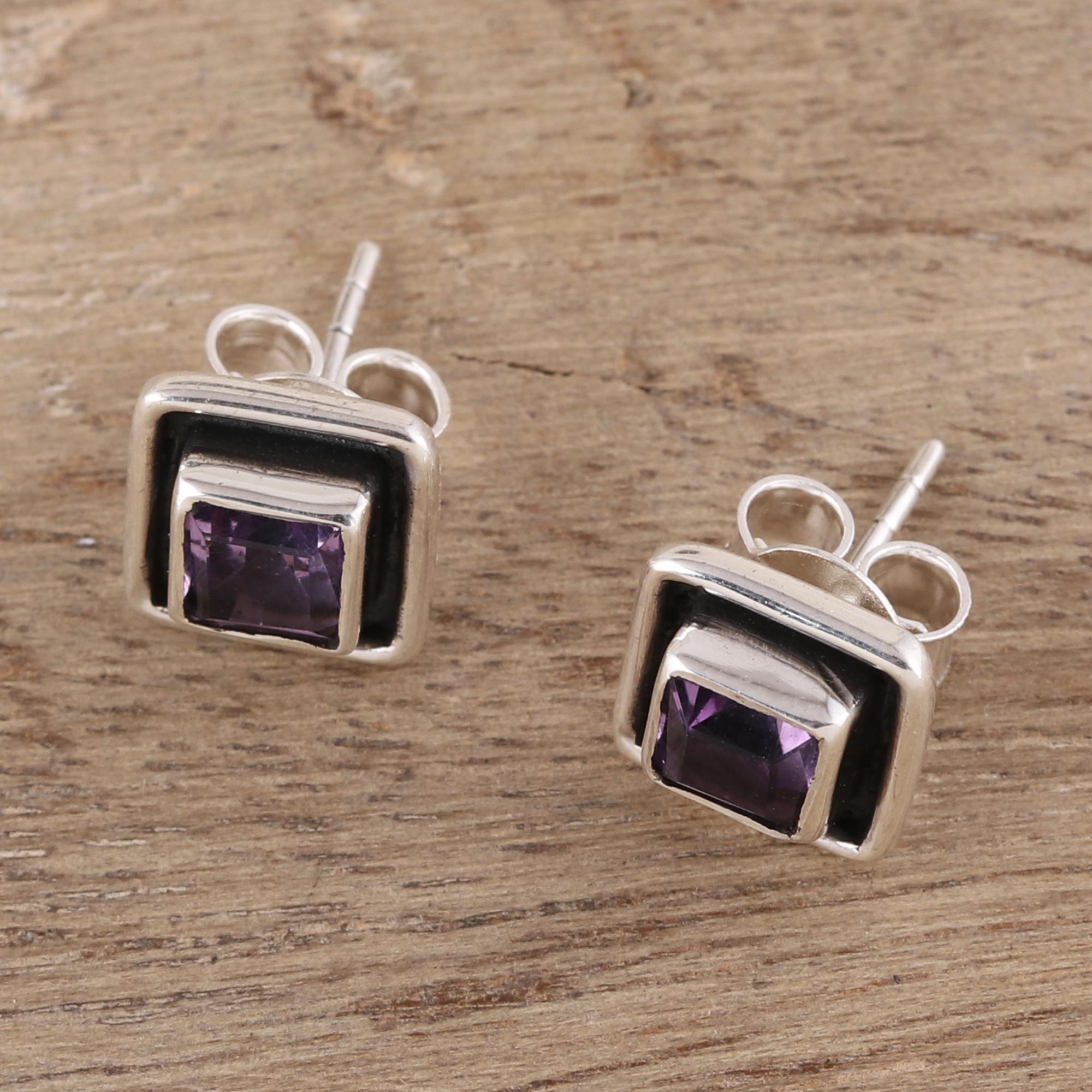 Premium Sterling Silver Amethyst Stud Earrings - Regal Square Design