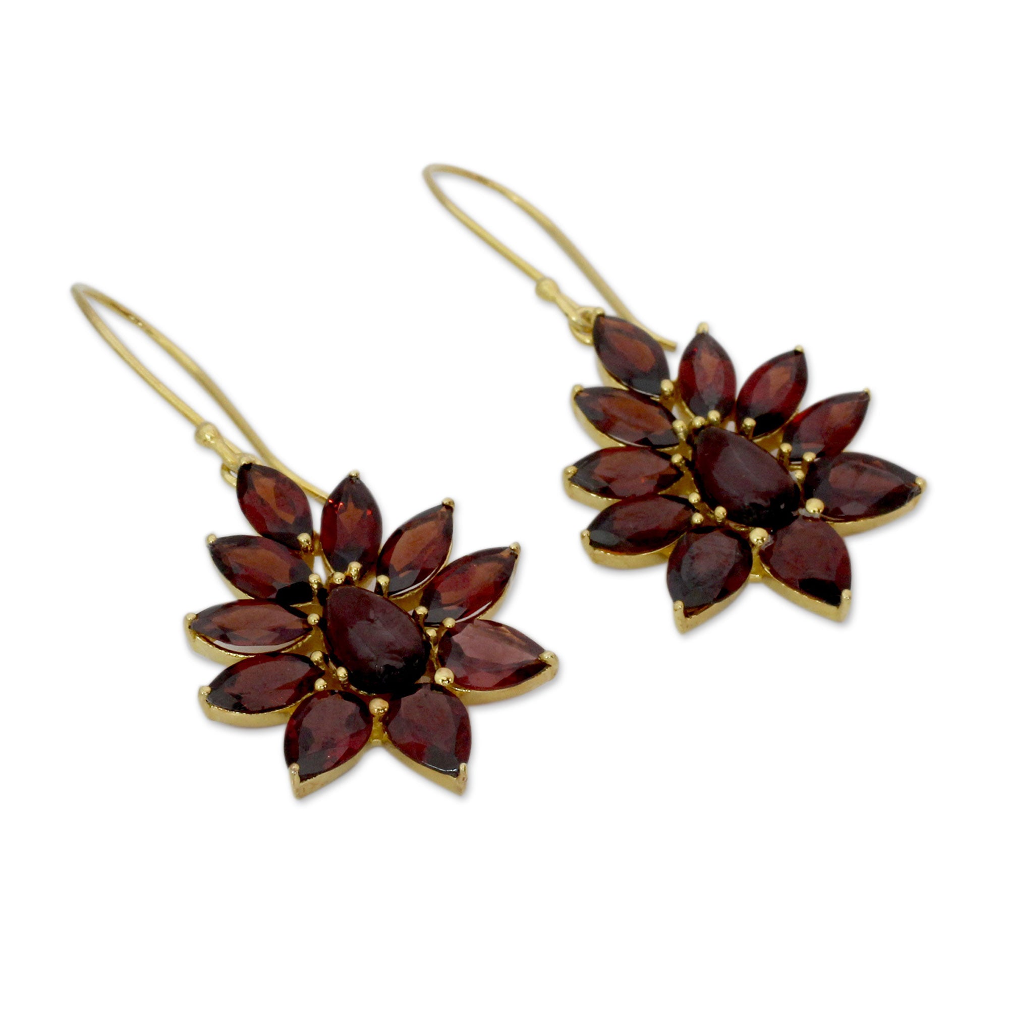 Premium Claret Sunburst 18k Gold Plated Garnet Earrings - Handcrafted Luxury