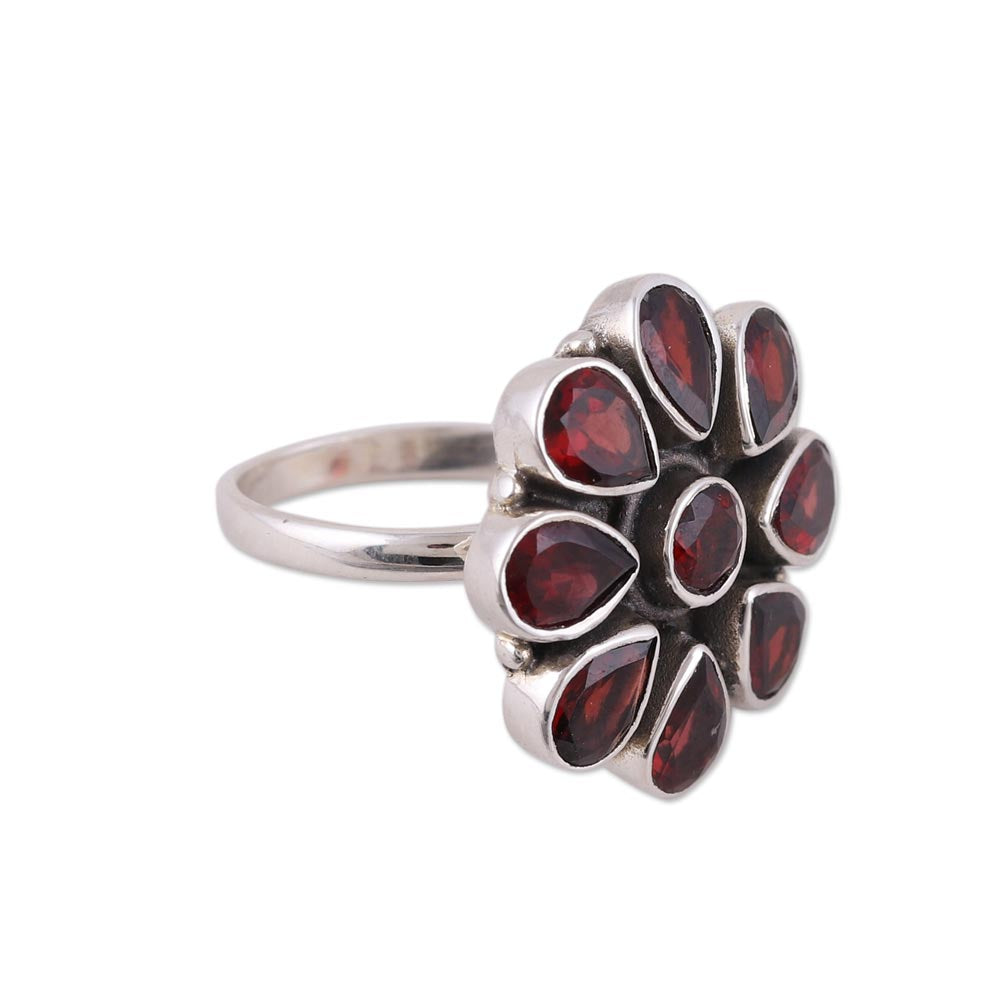 Premium Floral Glamour Garnet Ring - Sterling Silver Flower Jewelry