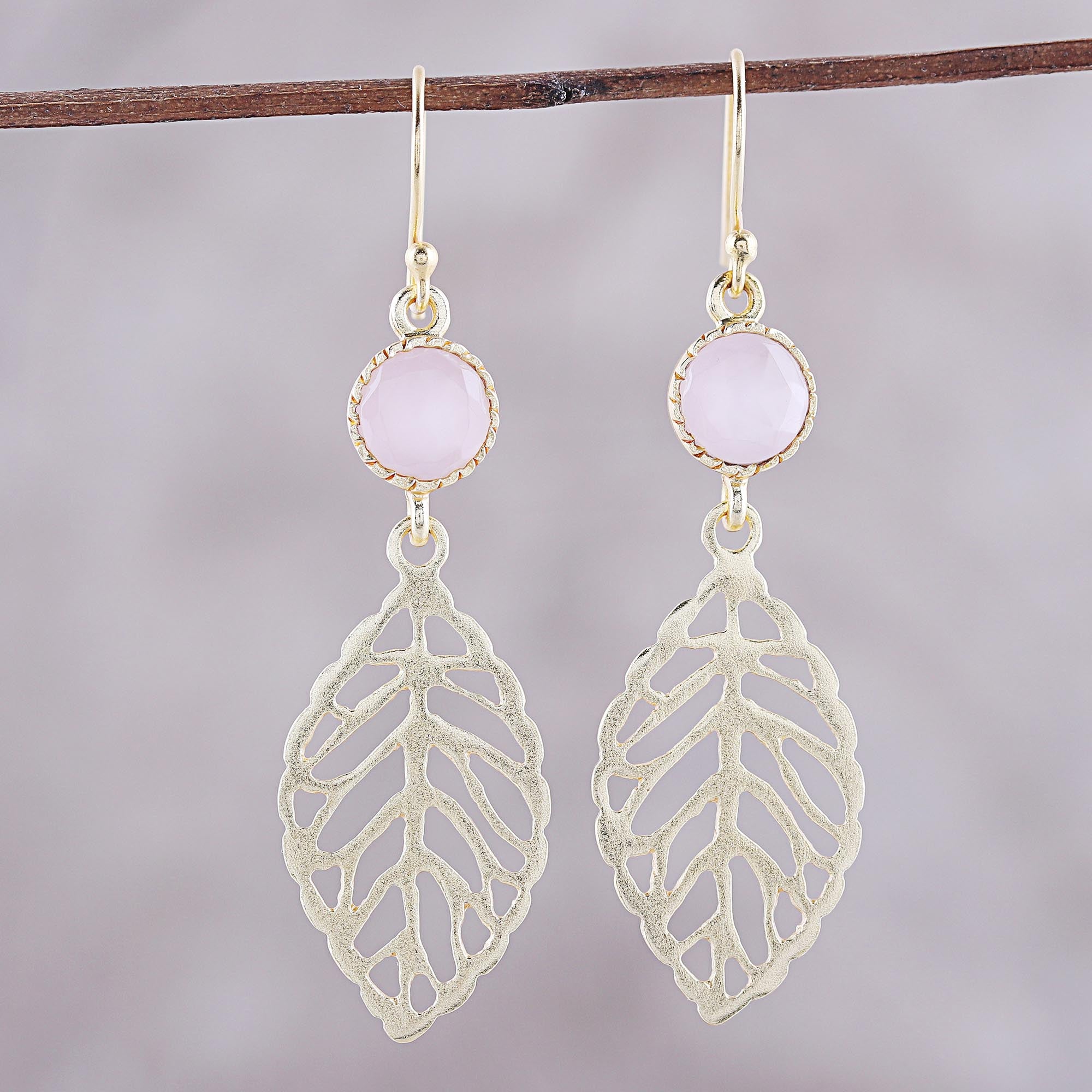 Premium Jaipur Gold Plated Rose Quartz Leaf Dangle Earrings