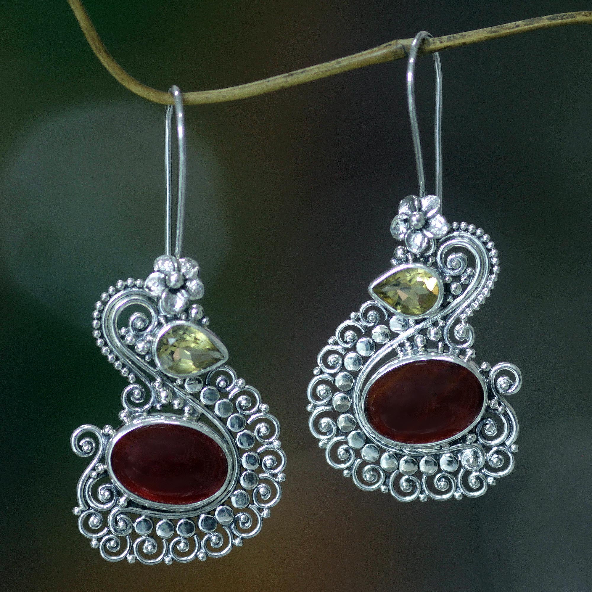 Premium Balinese Swan Silver Earrings with Carnelian & Citrine – Elegant & Timeless