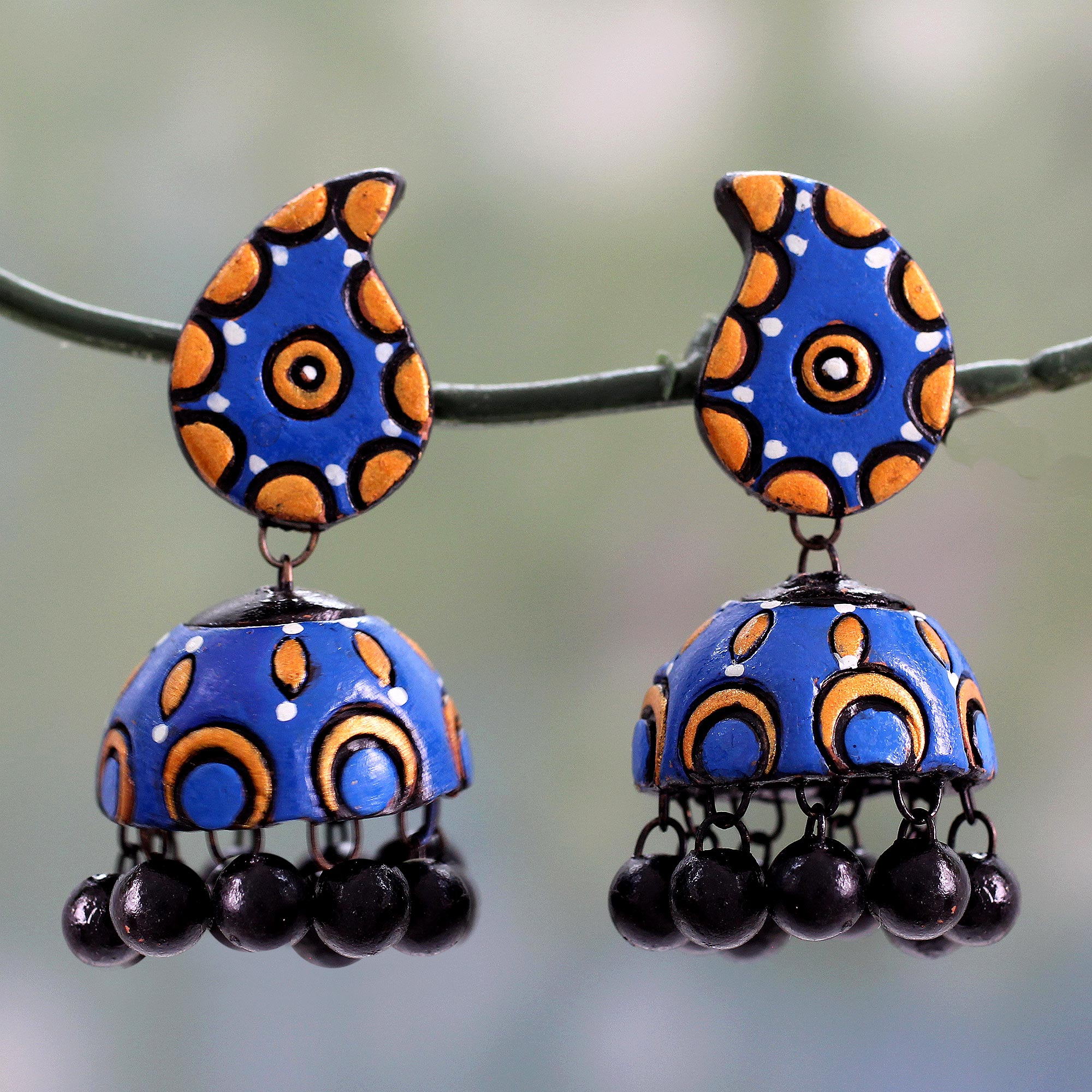 Premium Blue Paisley Handmade Ceramic Dangle Earrings - Vibrant Blue & Orange