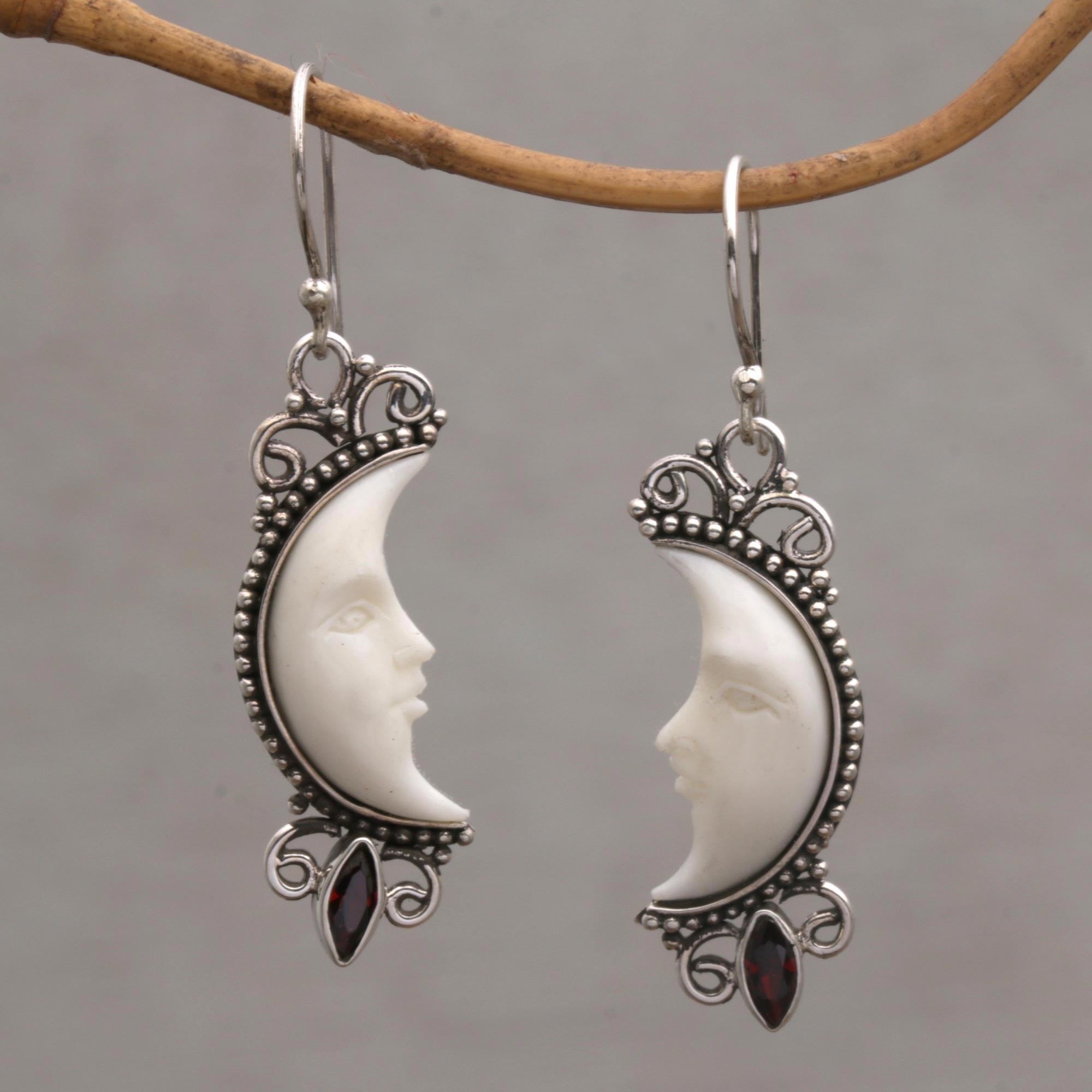 Premium Crescent Moon Dangle Earrings - Handcrafted Garnet & Silver Jewelry from Bali