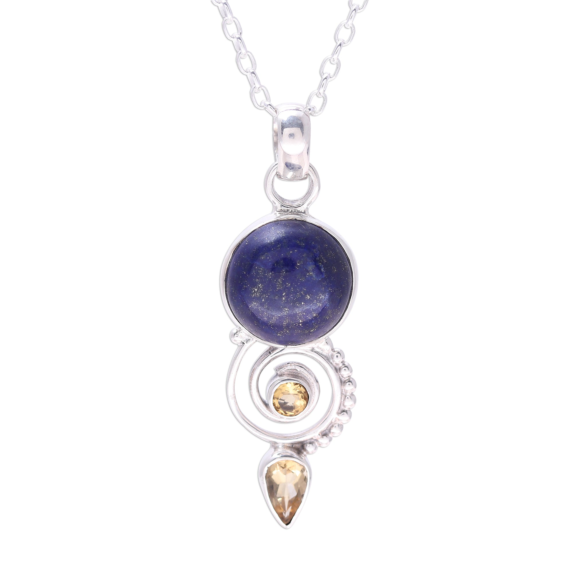 Premium Spiral Citrine & Lapis Lazuli Necklace – Handcrafted Sterling Silver Jewelry