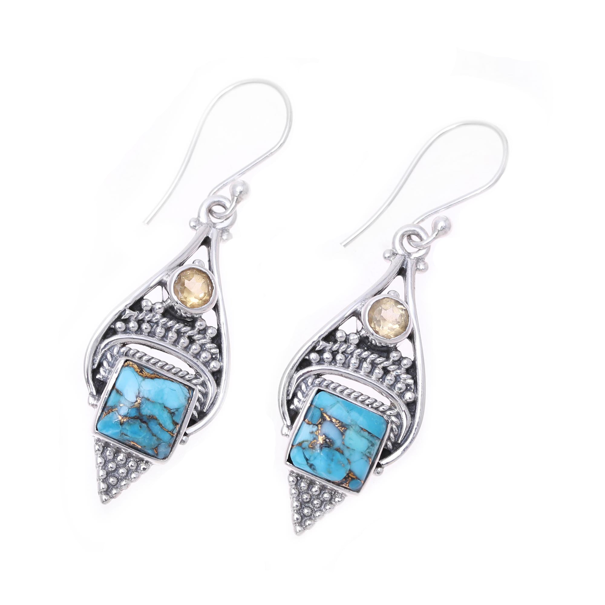 Premium Mythic Ocean Citrine & Turquoise Dangle Earrings - Handcrafted Sterling Silver