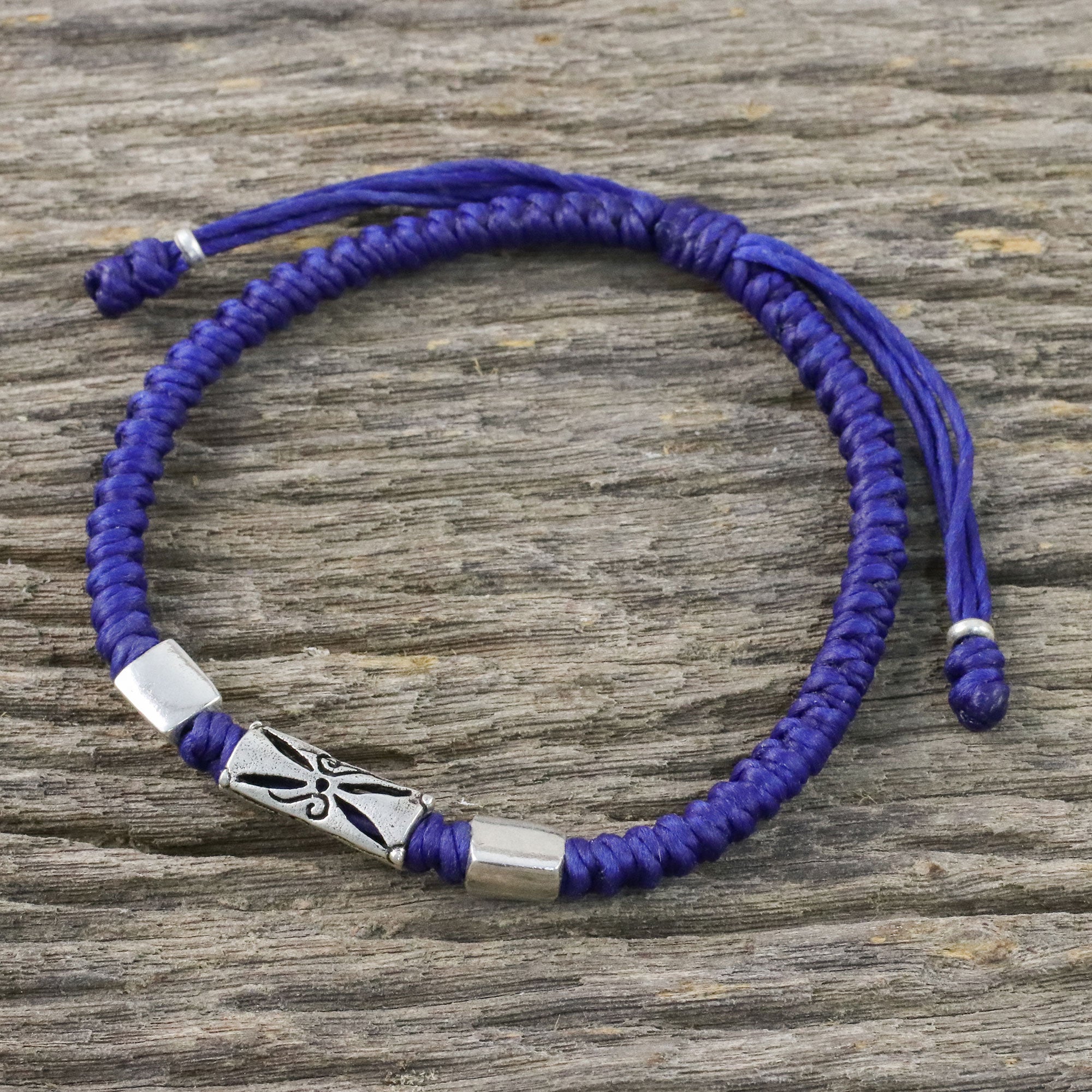 Premium Karen Hill Tribe Blue Cord Bracelet with 950 Silver Beads