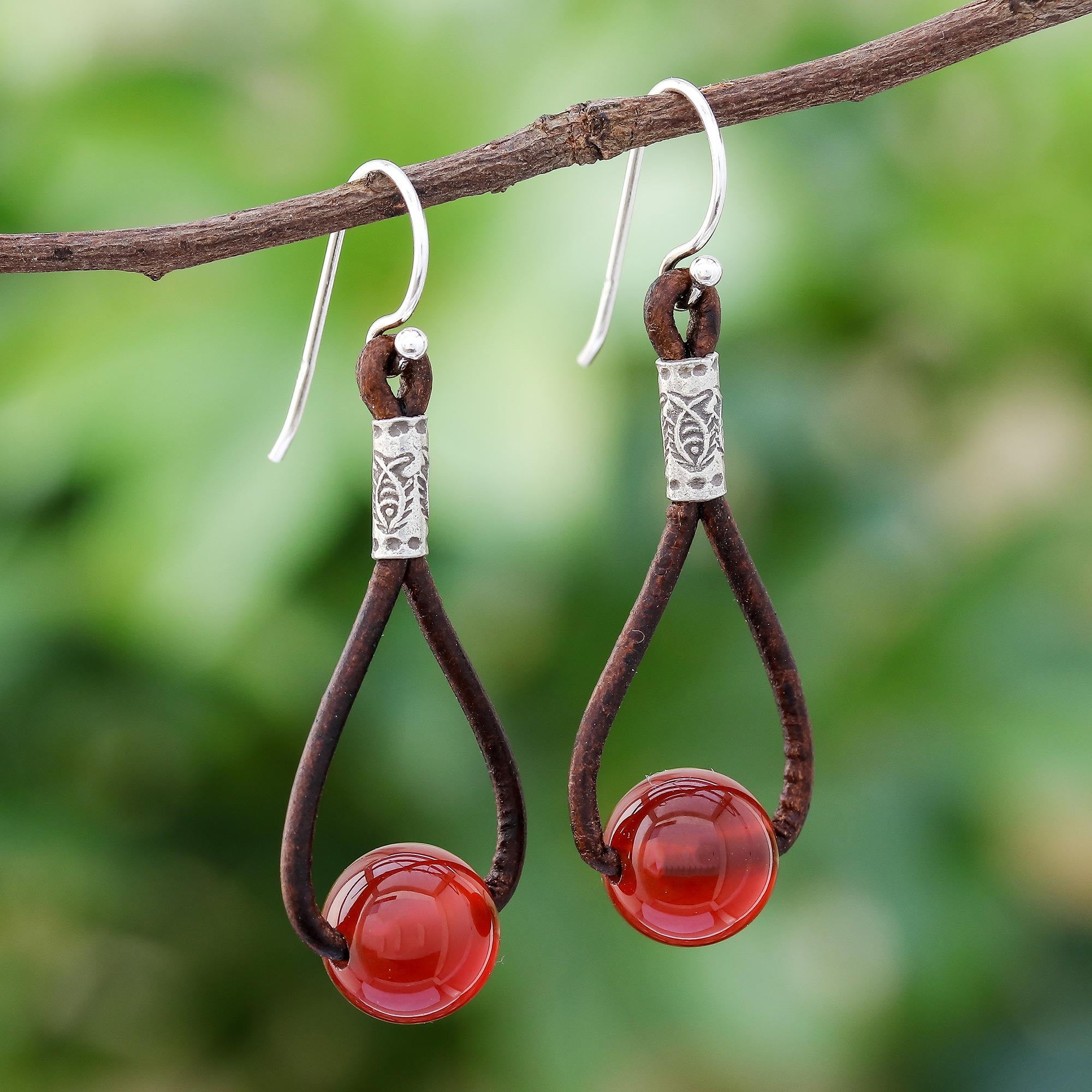 Premium Carnelian & Karen Silver Dangle Earrings with Leather – Spring Passion Collection