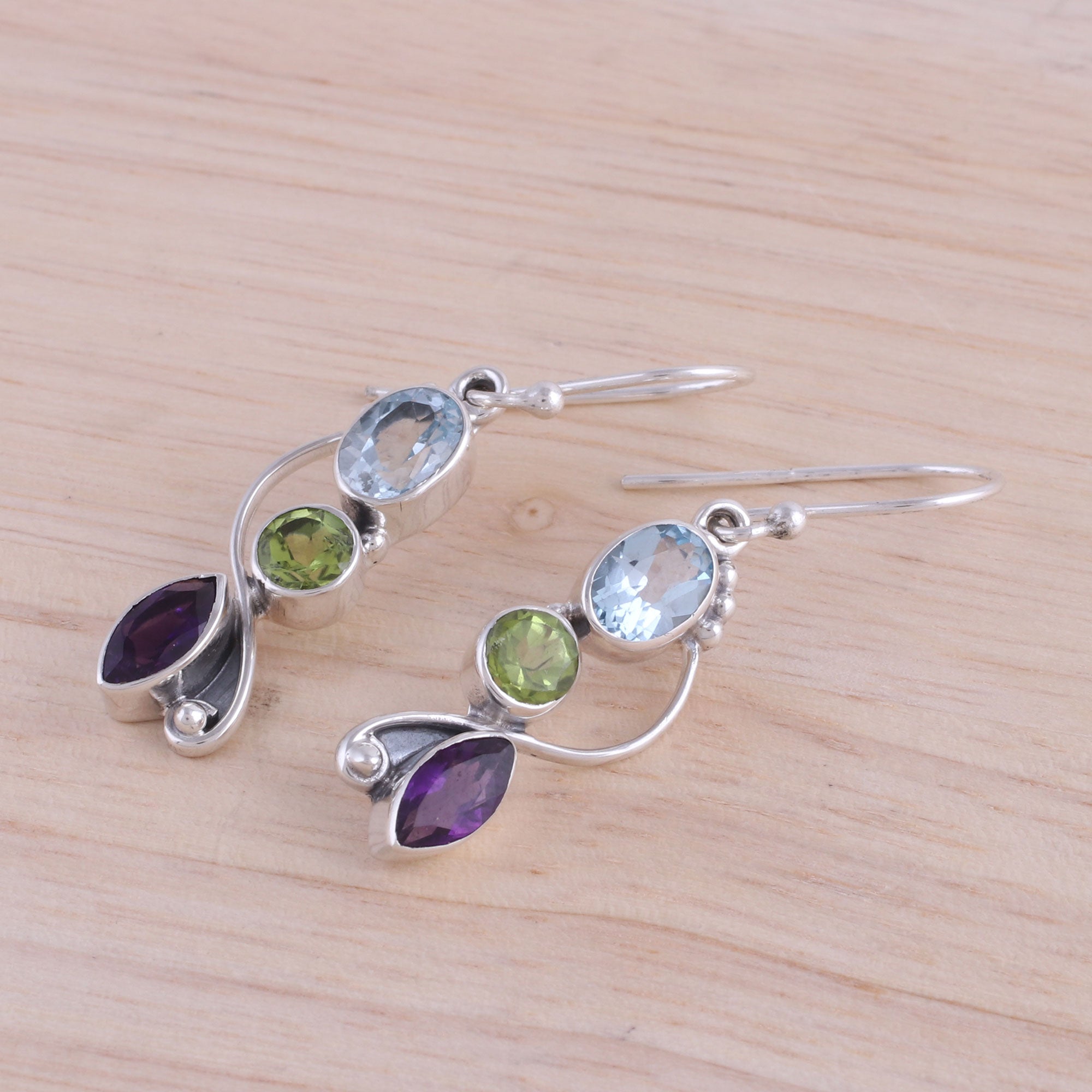 Ultimate Shimmering Alliance: Blue Topaz, Peridot & Amethyst Sterling Silver Dangle Earrings