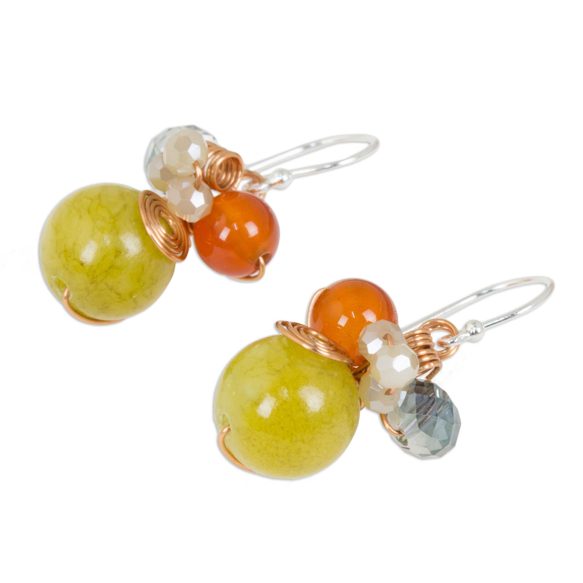 Premium Citron Bubbles Dangle Earrings – Green Quartz & Carnelian with Copper Accents