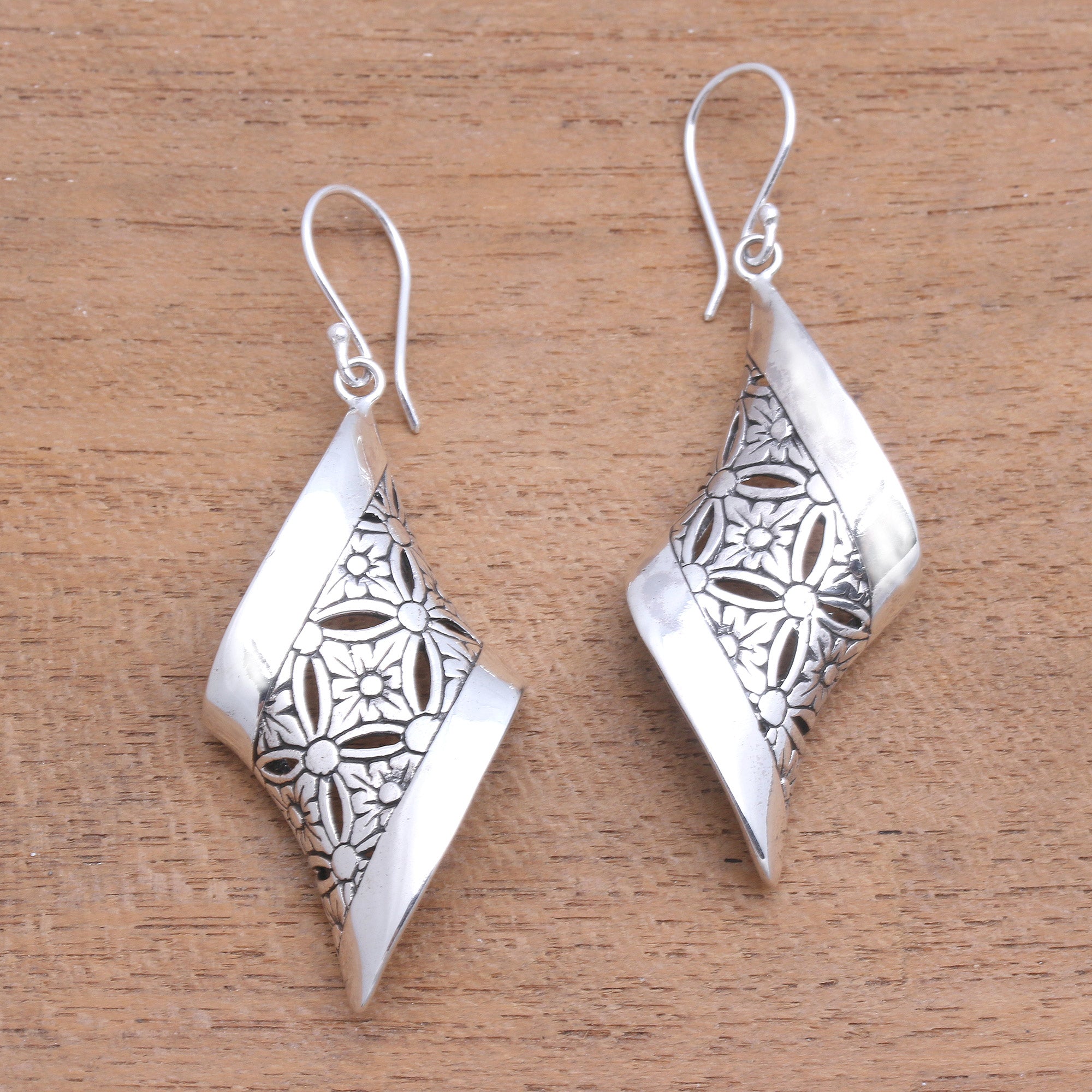 Premium Curved Floral Sterling Silver Dangle Earrings - Artisan Crafted in Bali