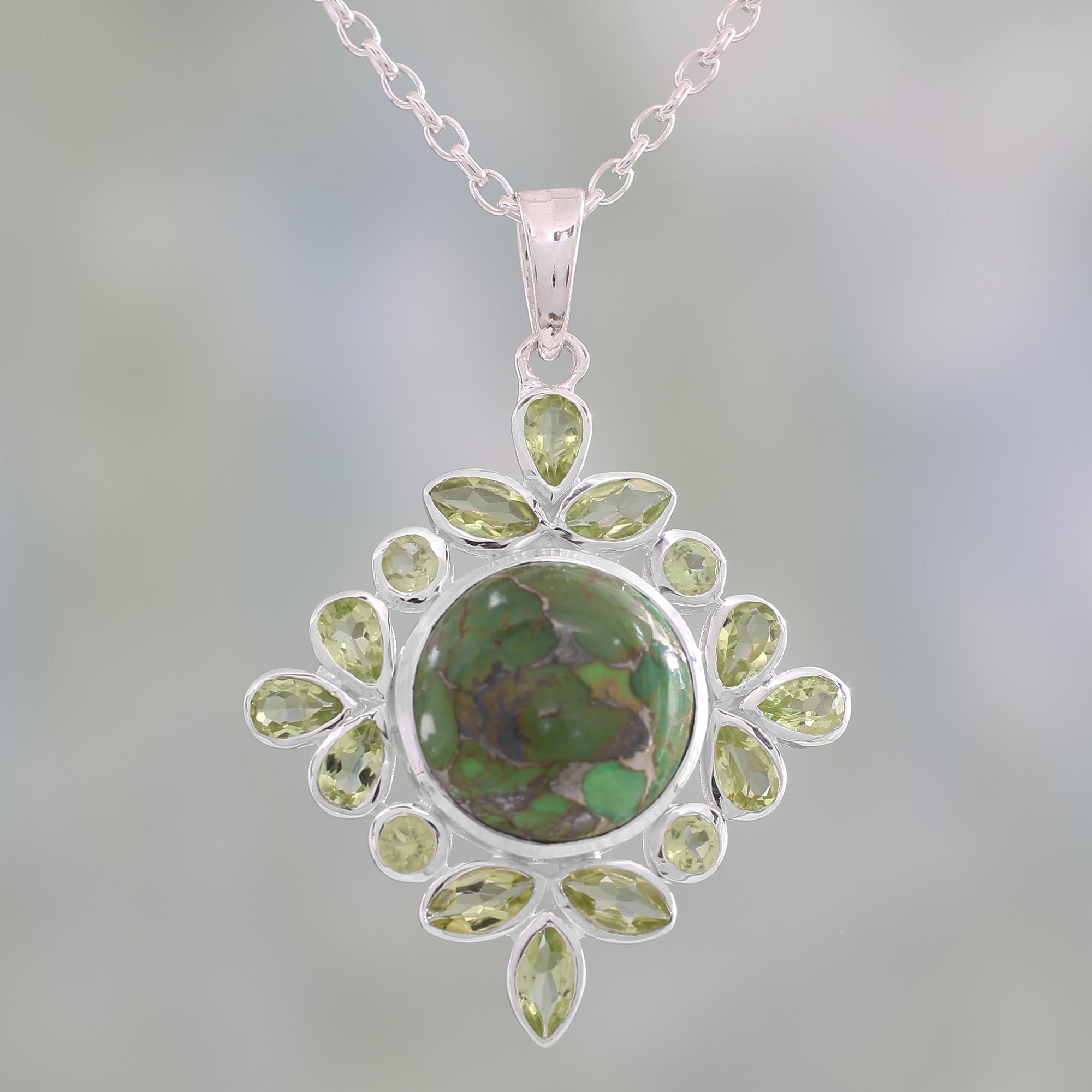 Premium Green Turquoise & Peridot Pendant Necklace - Handcrafted Sterling Silver Jewelry