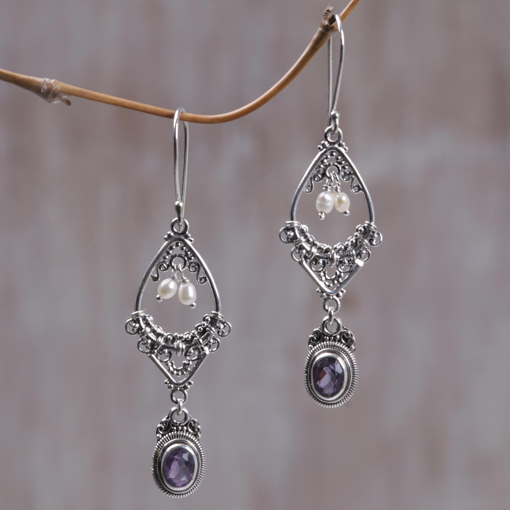 Premium Empress Amethyst & Pearl Floral Earrings