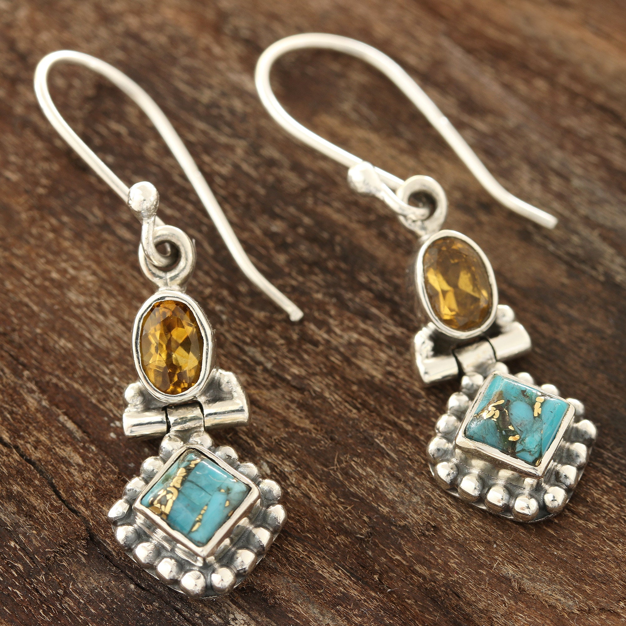 Premium Citrine & Turquoise Sterling Silver Dangle Earrings – Handcrafted in India