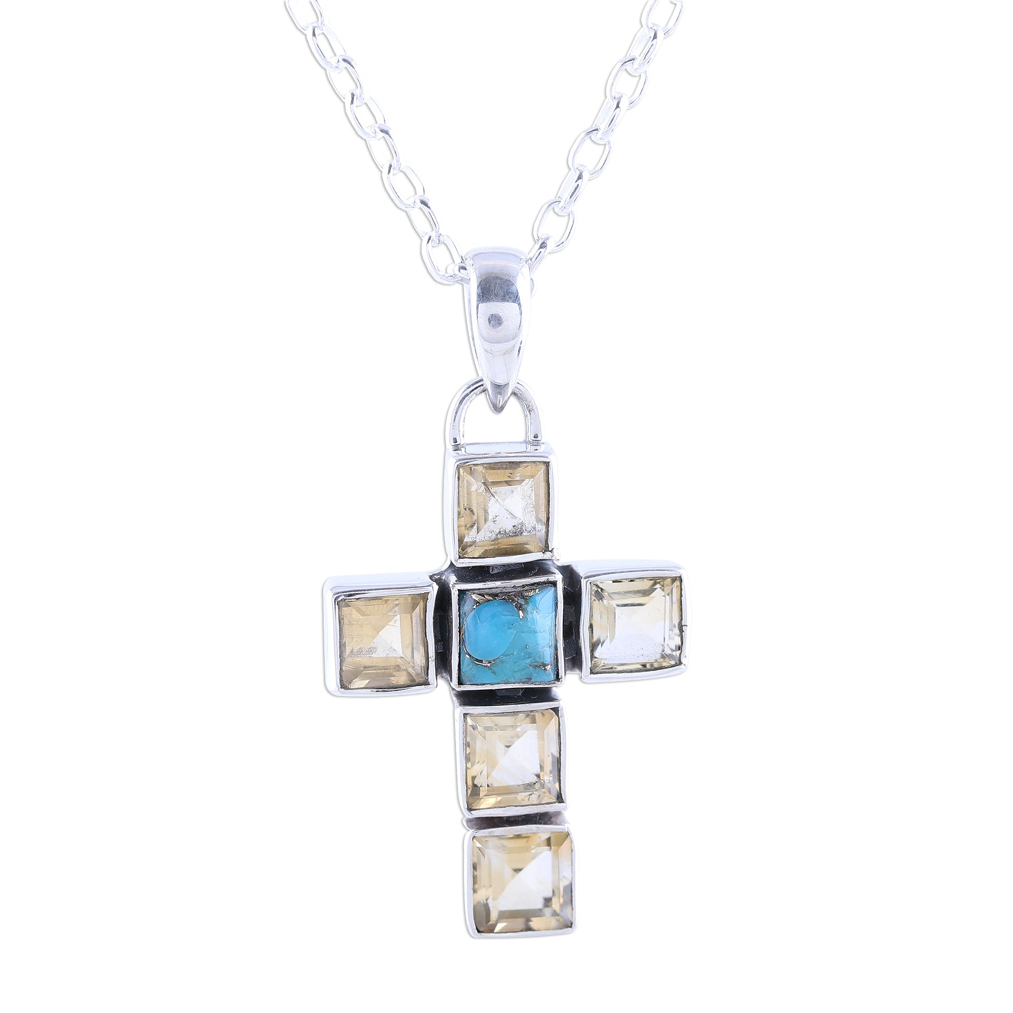 Premium Golden Faith Citrine & Turquoise Cross Pendant Necklace