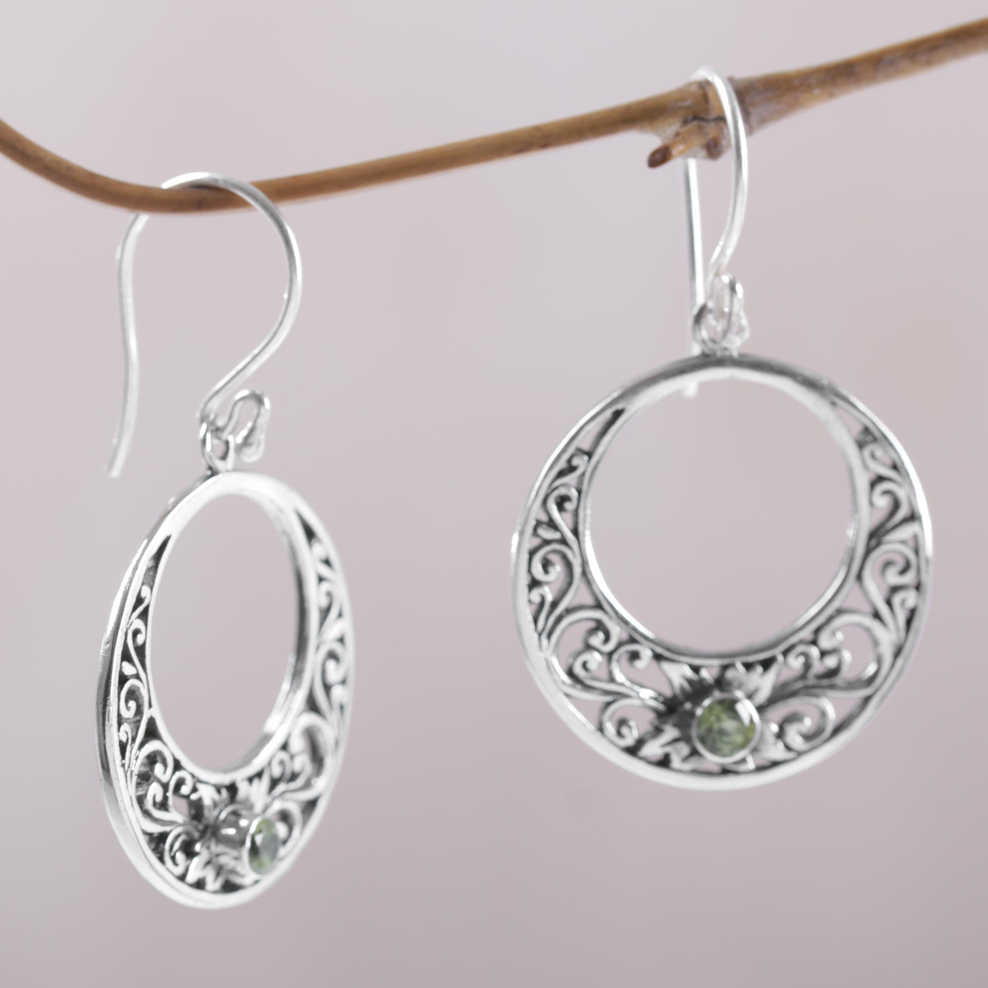 Premium Crescent Spirals Peridot Dangle Earrings - Handcrafted 925 Sterling Silver from Bali