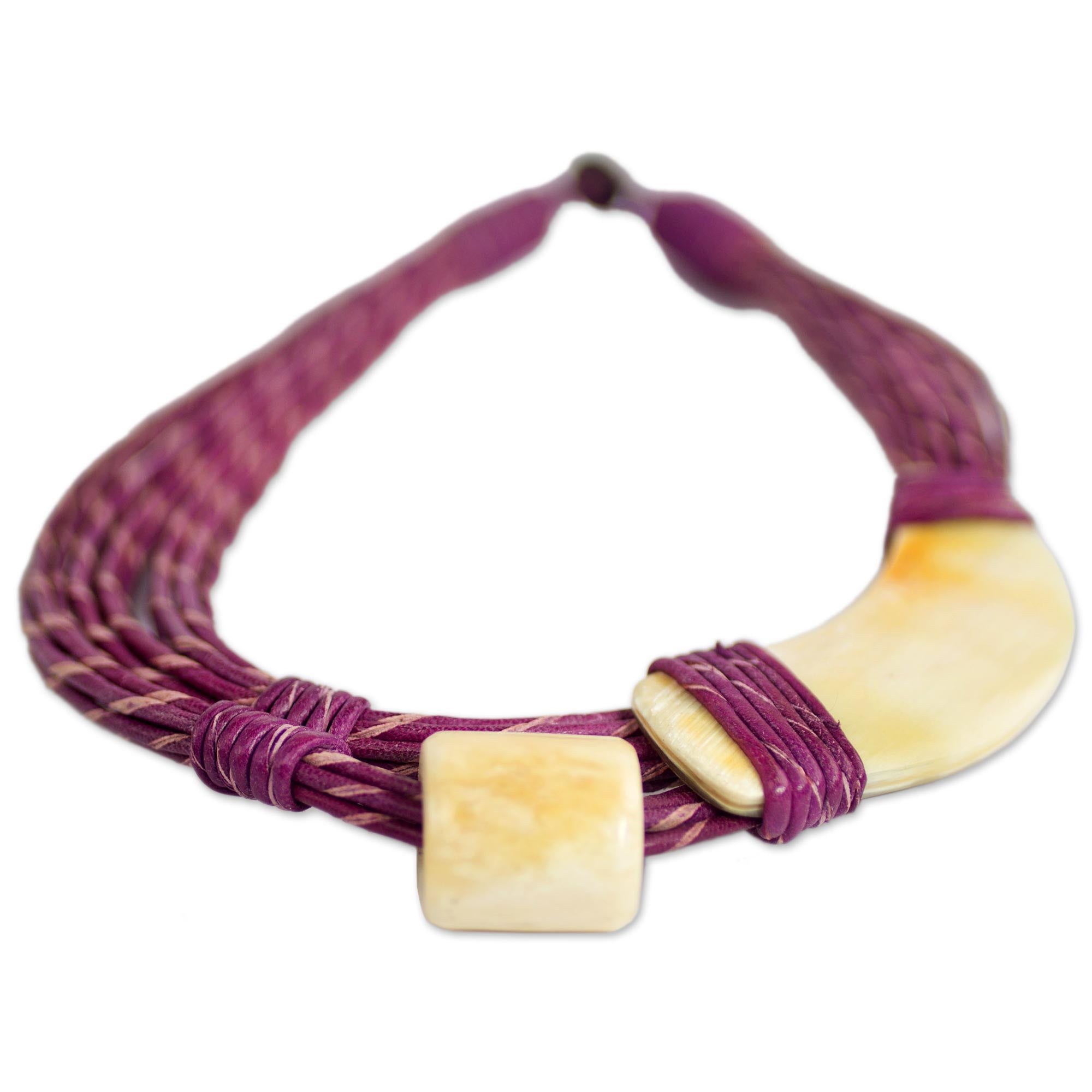 Premium Sougri Violet Handcrafted Leather Necklace with Bone & Horn Pendant