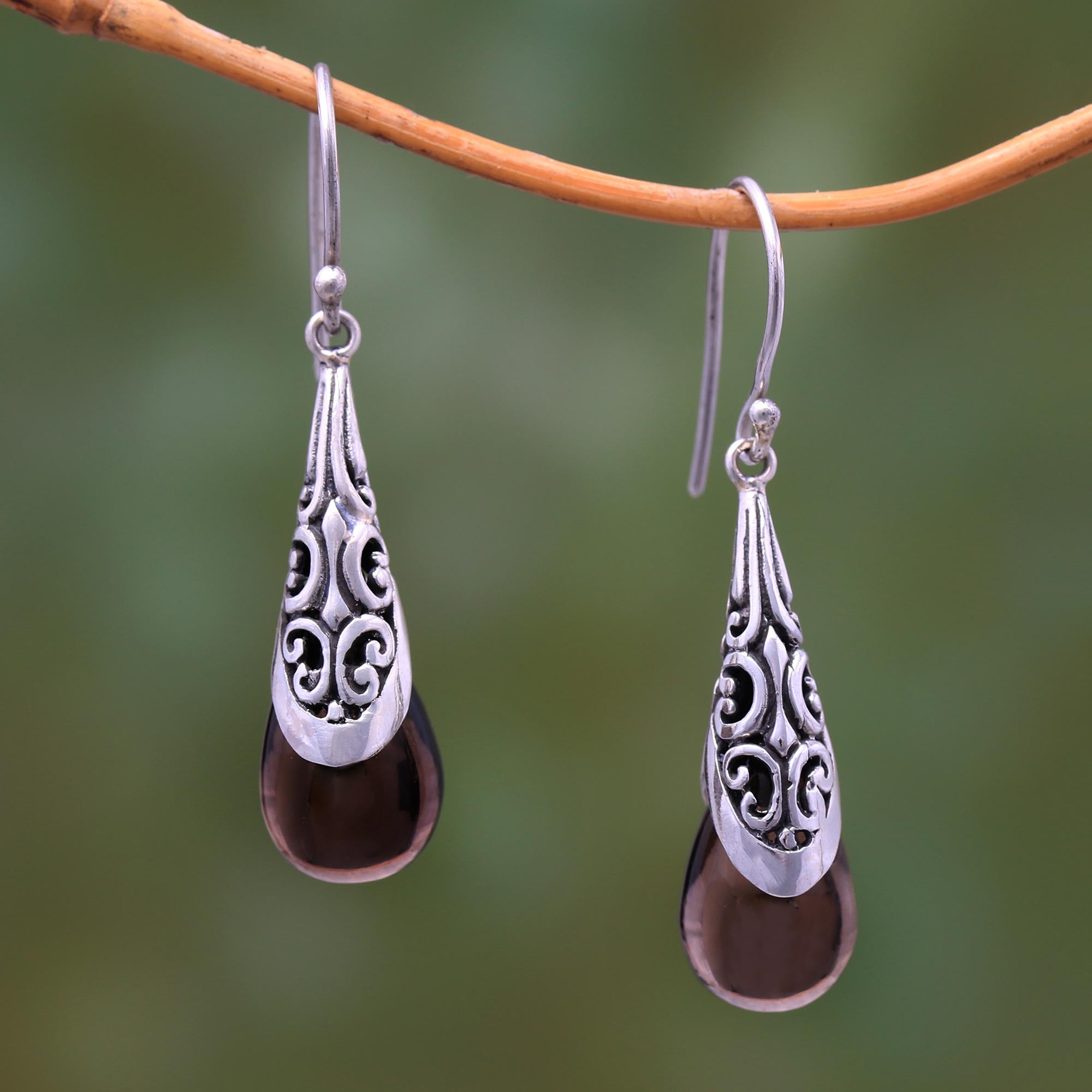 Premium Smoky Quartz Dangle Earrings - Sanur Elegance Weave Pattern, Handcrafted in Bali