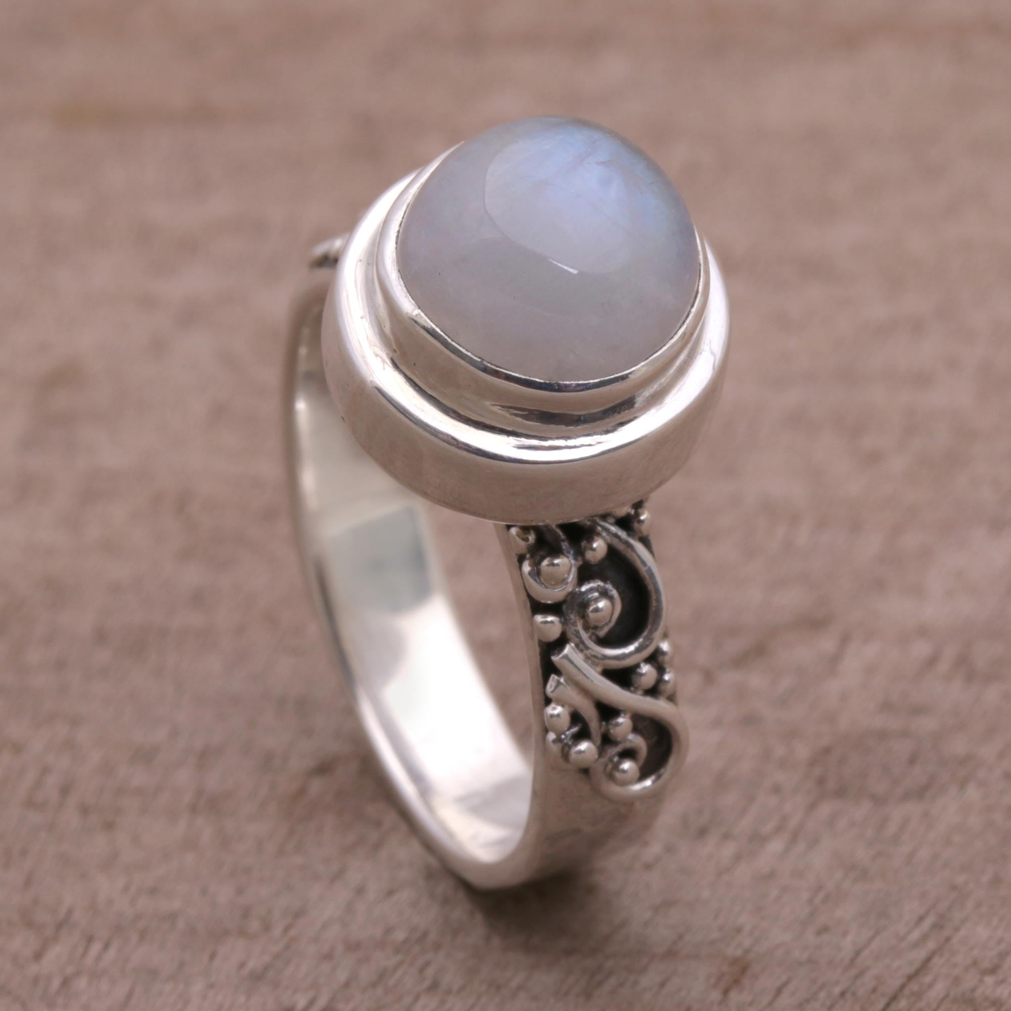 Premium Translucent Forest Rainbow Moonstone & Sterling Silver Ring – Handcrafted in Bali