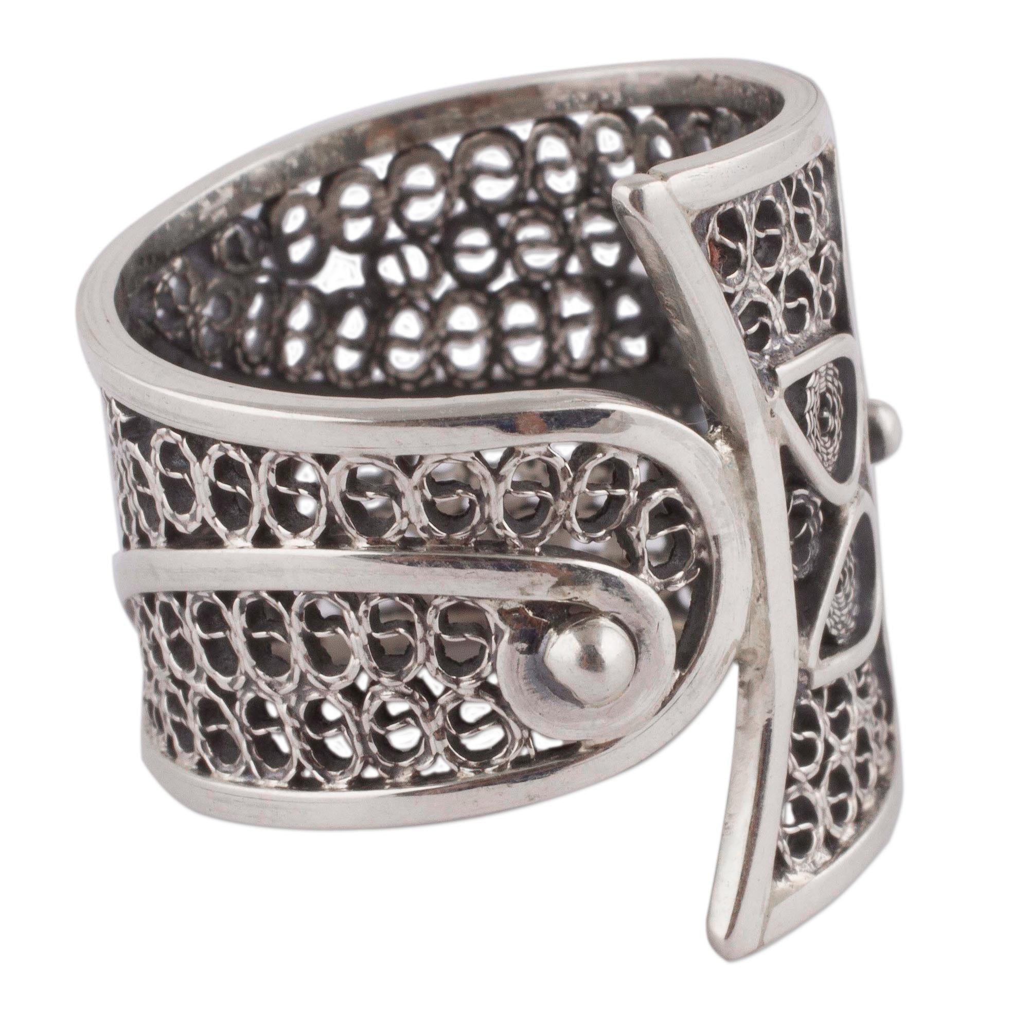 Premium Sterling Silver Floral Filigree Band Ring - Handcrafted in Peru