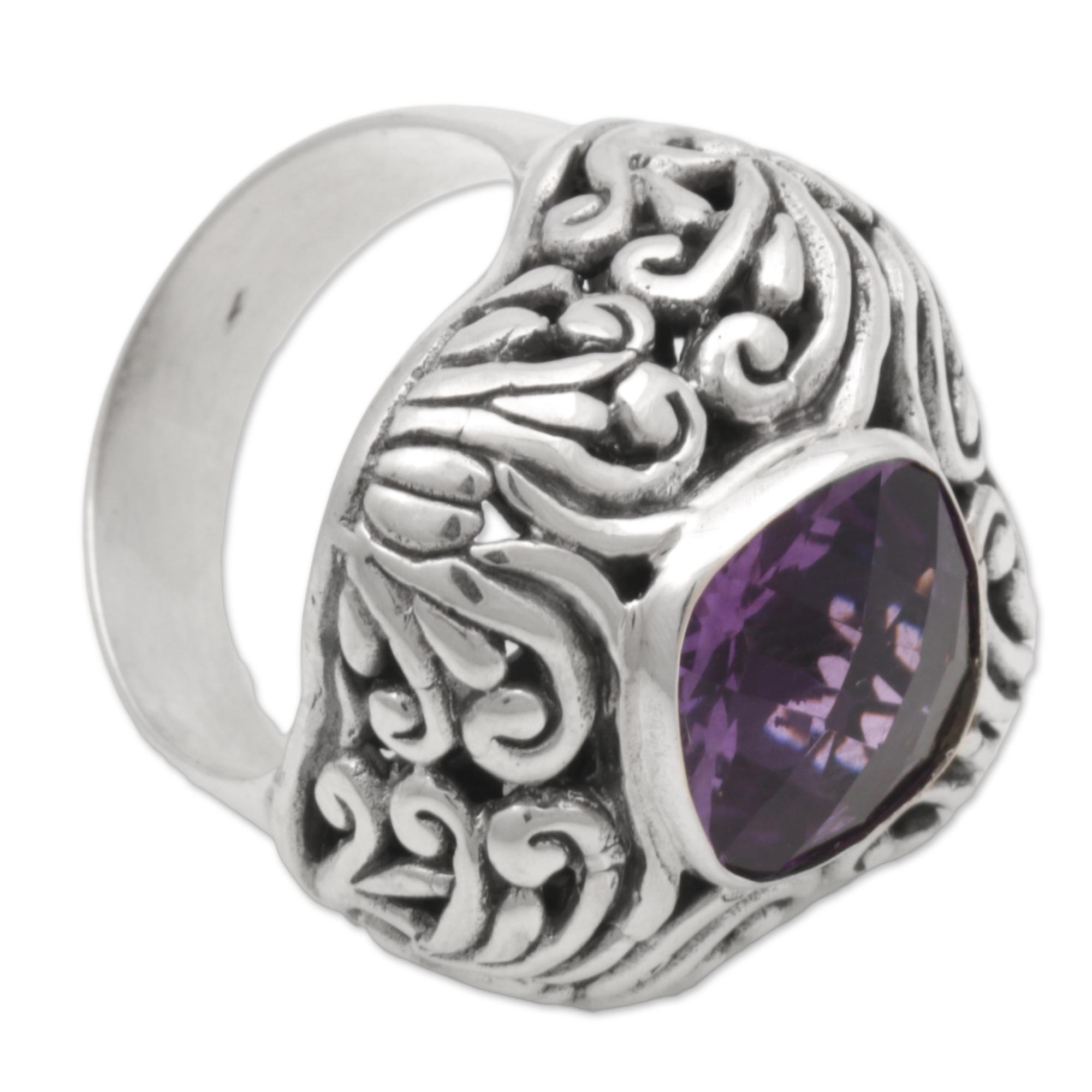 Premium Amethyst Sterling Silver Cocktail Ring - Balinese Artisan Crafted