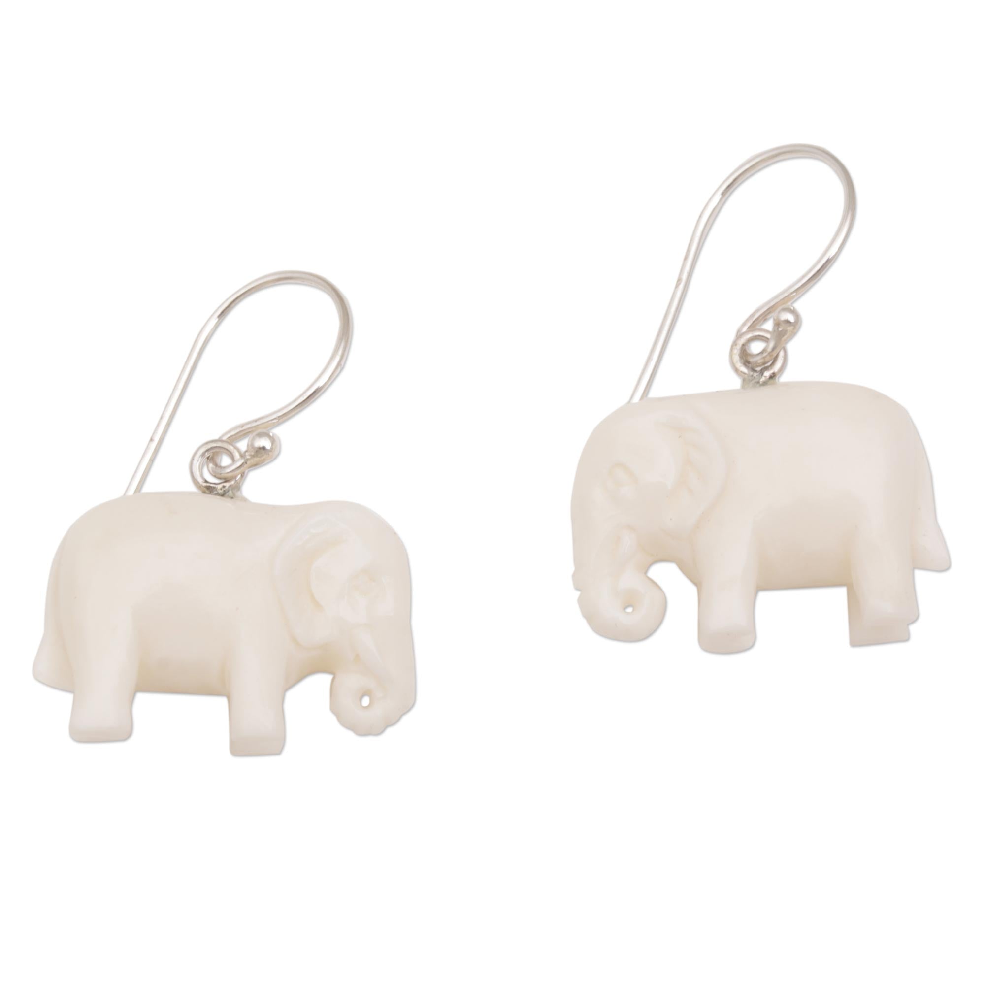 Premium White Elephant Luck Dangle Earrings - Handcrafted in Bali