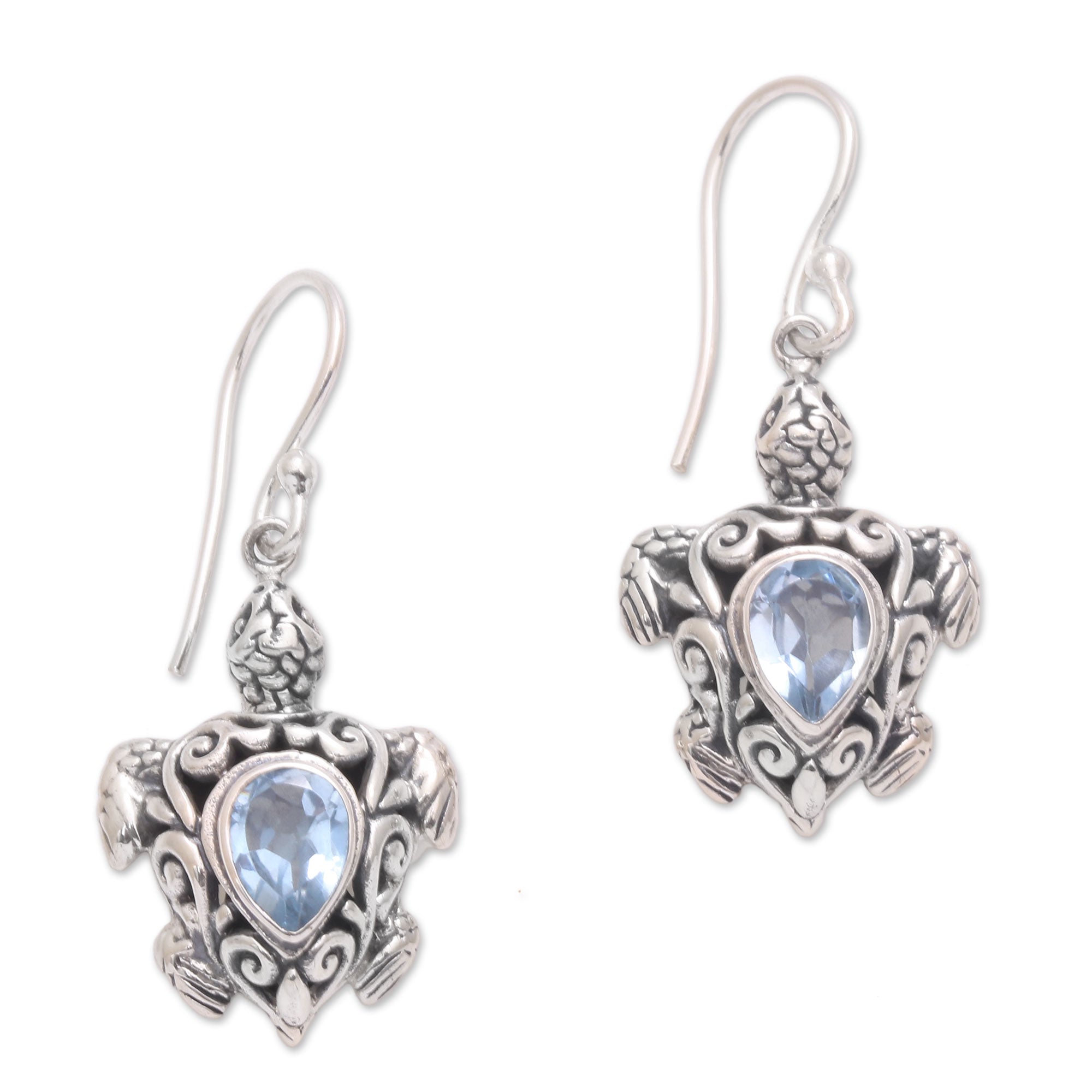 Premium Sterling Silver Blue Topaz Sea Turtle Dangle Earrings - Penyu Paradise