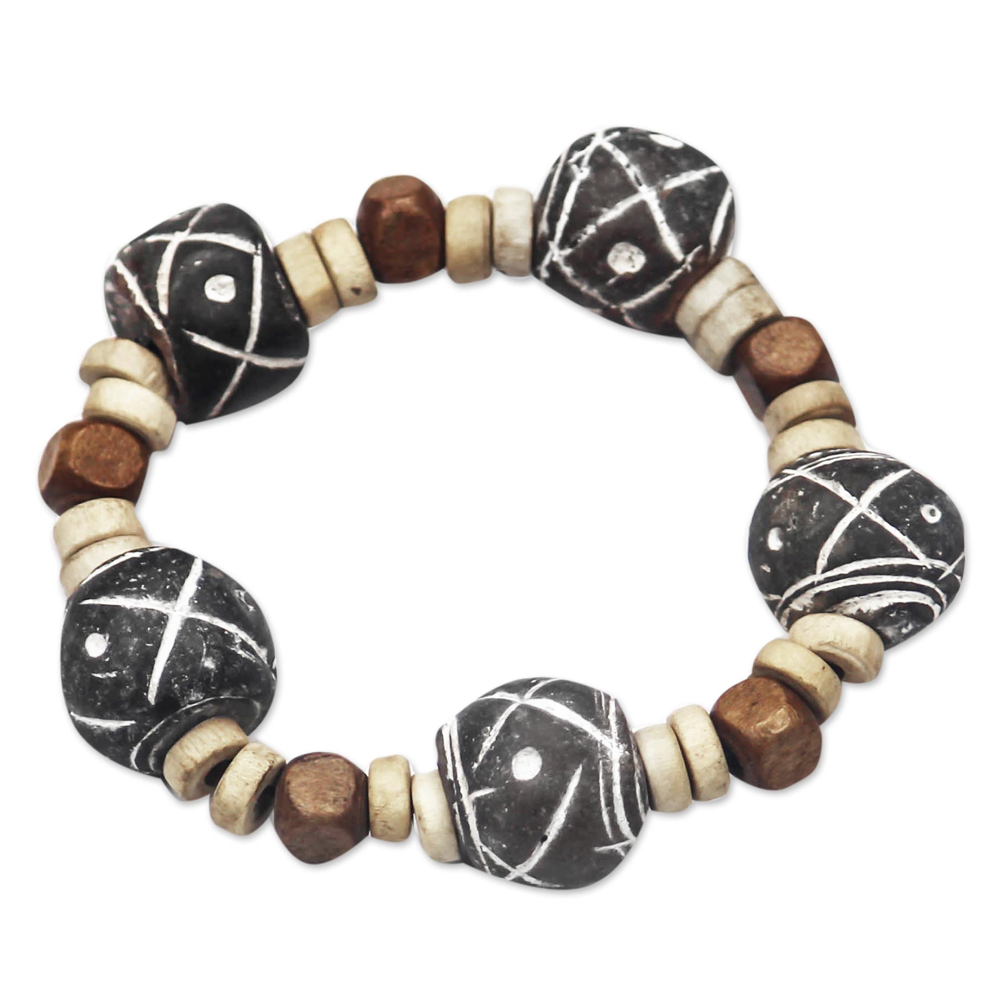 Premium Terracotta & Sese Wood Beaded Stretch Bracelet - Handcrafted in Ghana