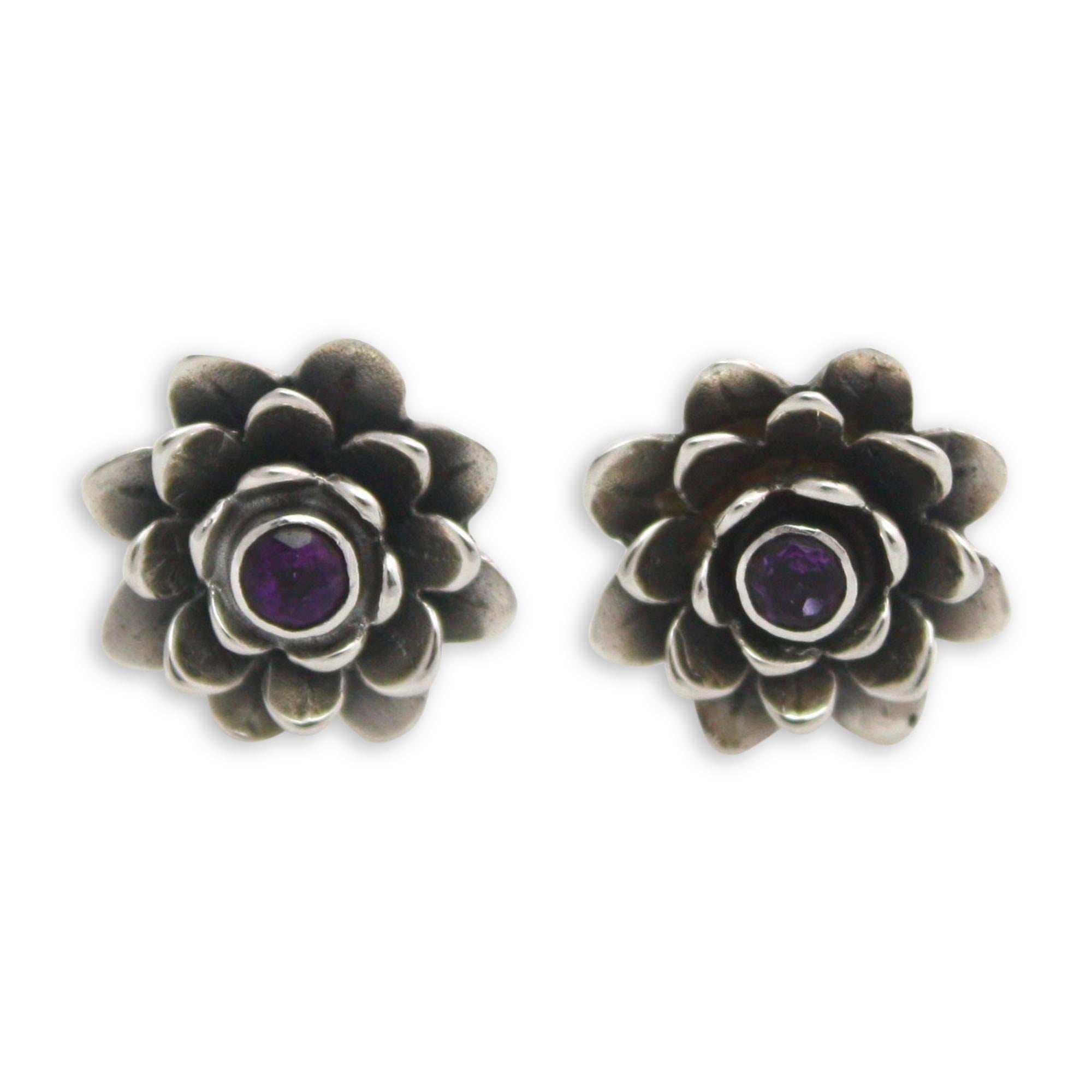 Premium Lilac Lotus Amethyst Earrings – Handcrafted Sterling Silver