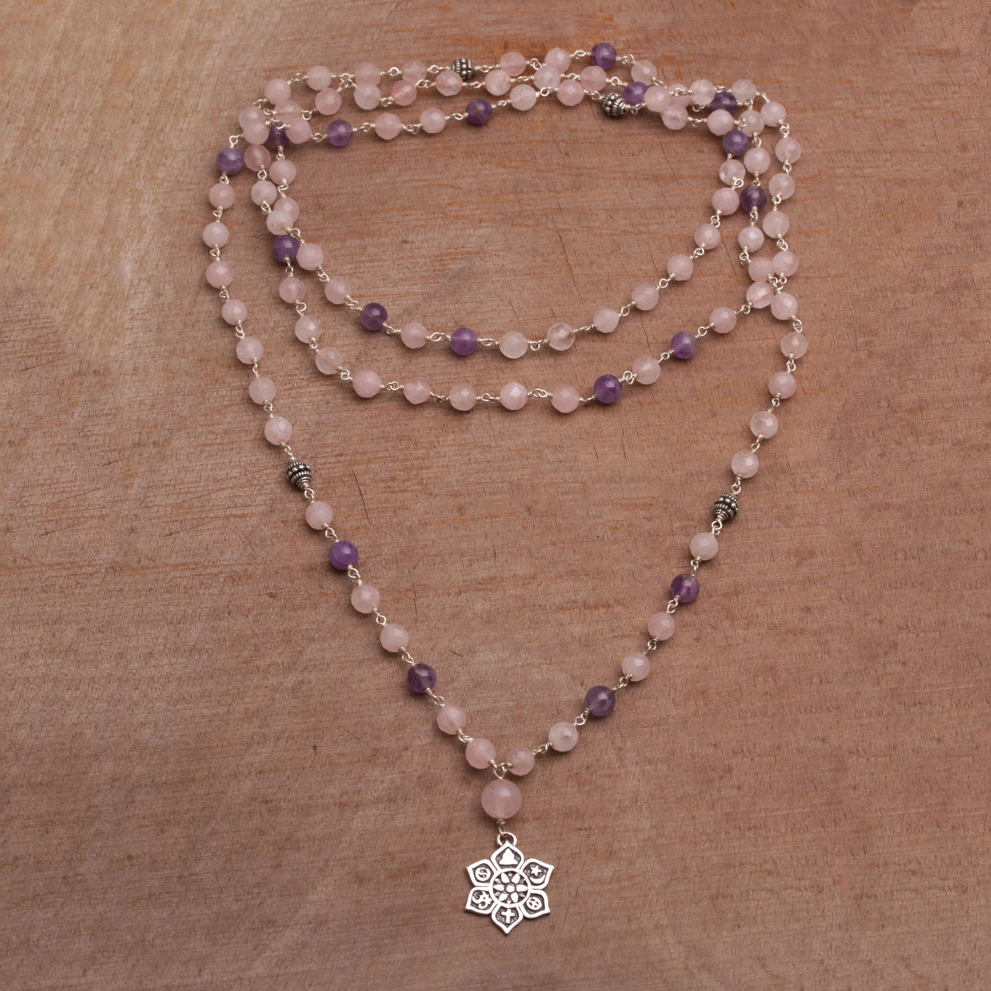 Premium Unity in Meditation Floral Rose Quartz & Amethyst Pendant Necklace - Handcrafted in Bali